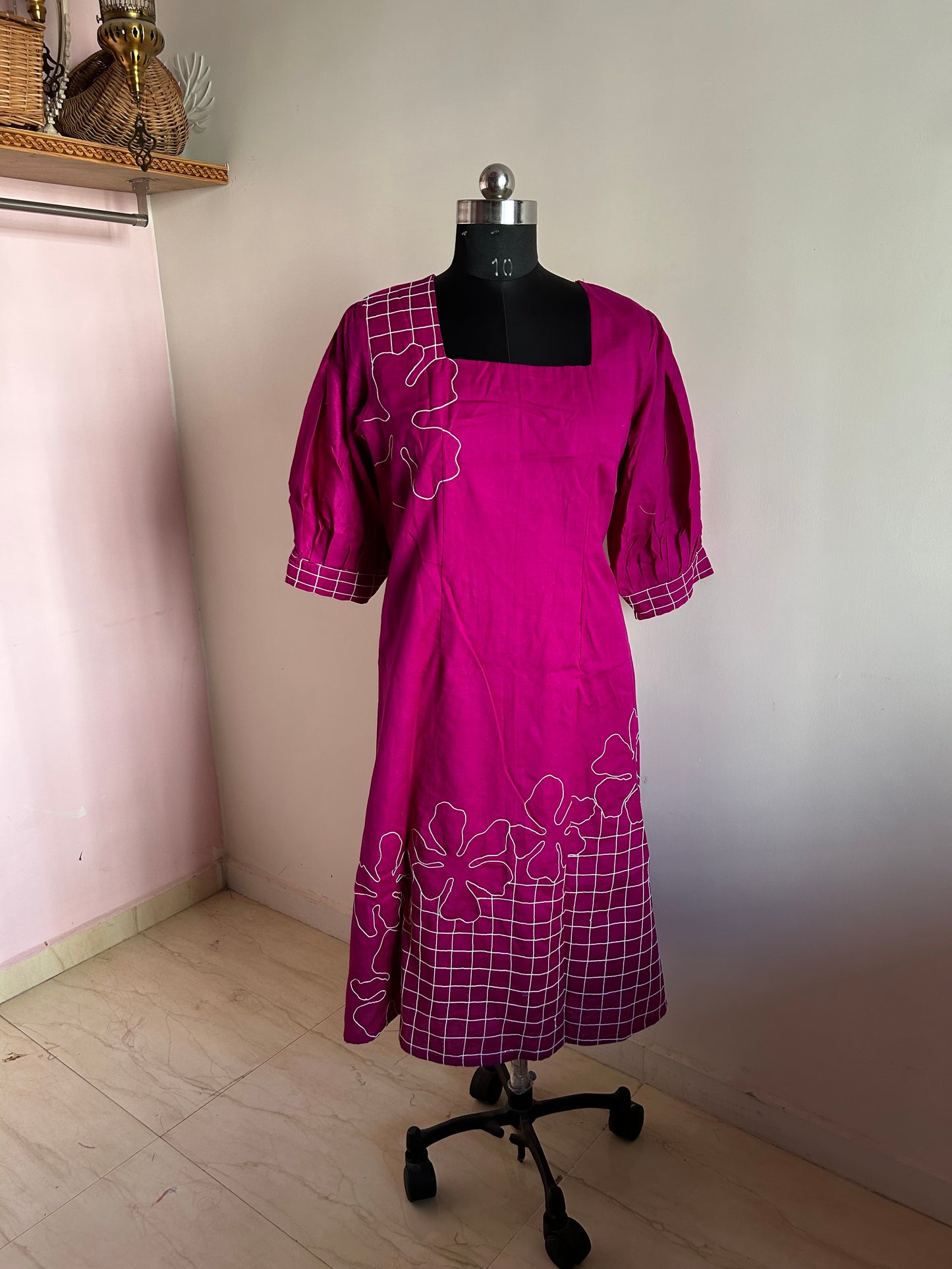 Katya Purple Floral Checked Embroidered Dress