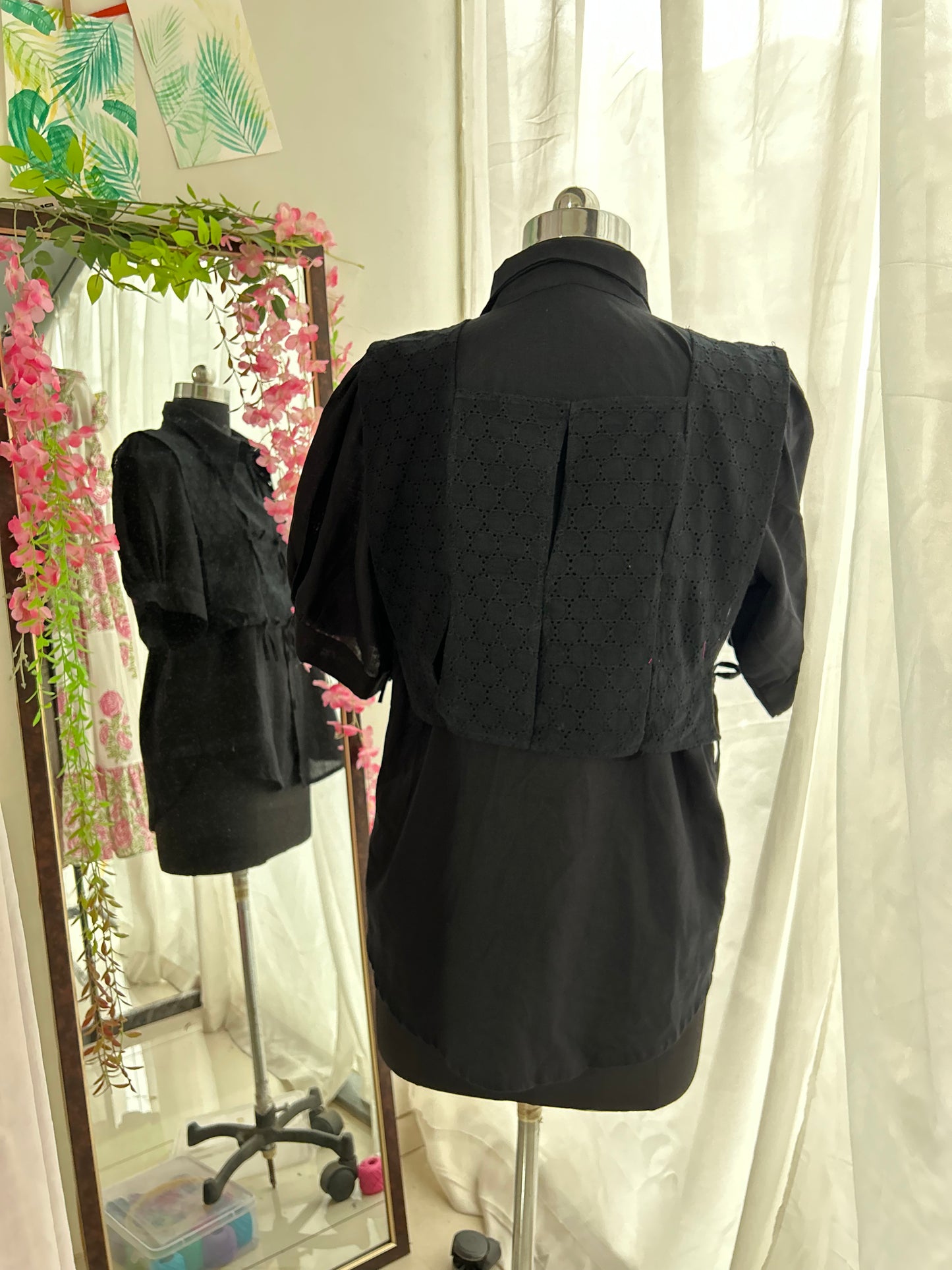 Daisy Black Schiffli Bow vested Shirt Set