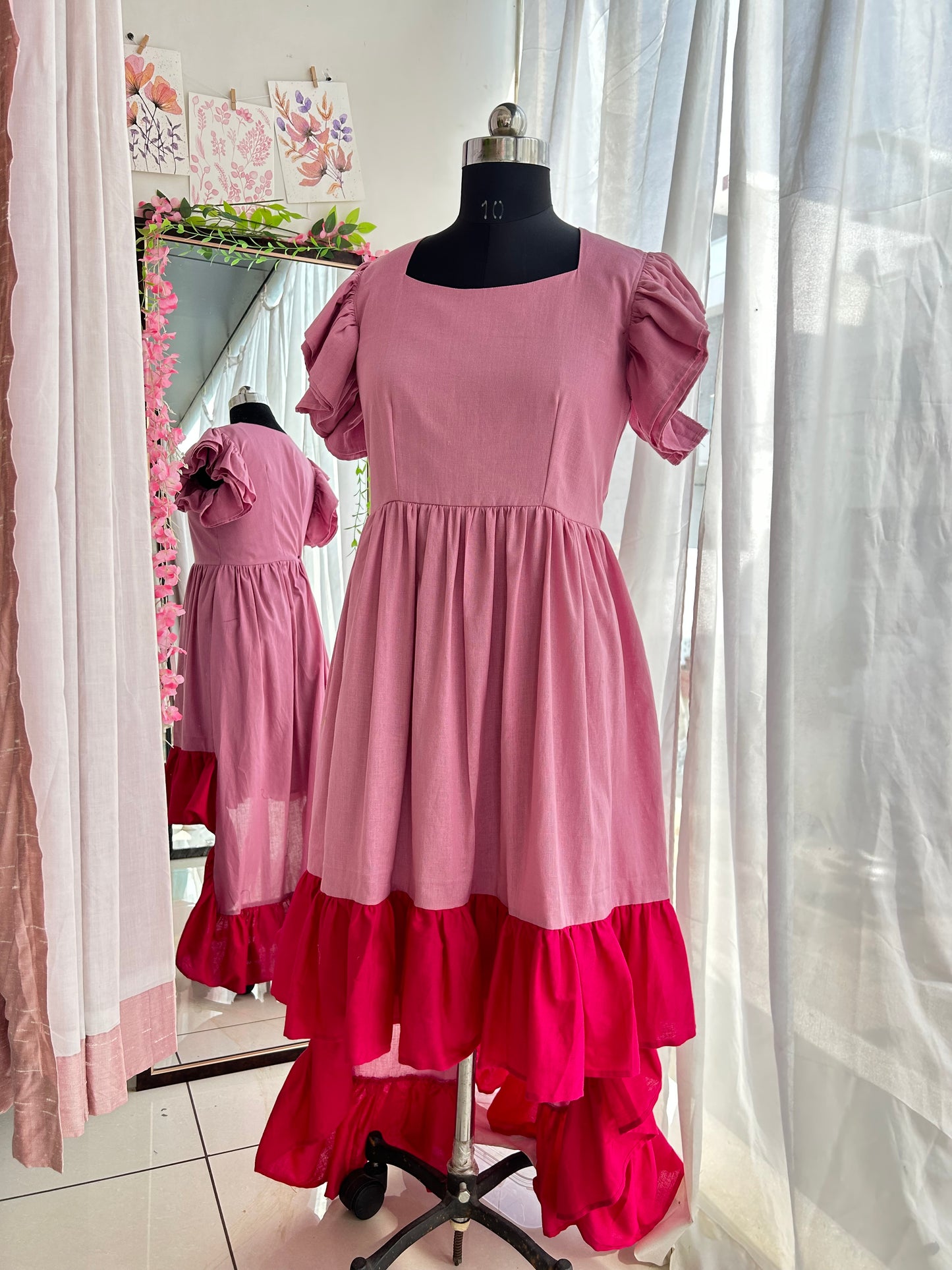 Pink Double Colored High Low Ruffle Dress
