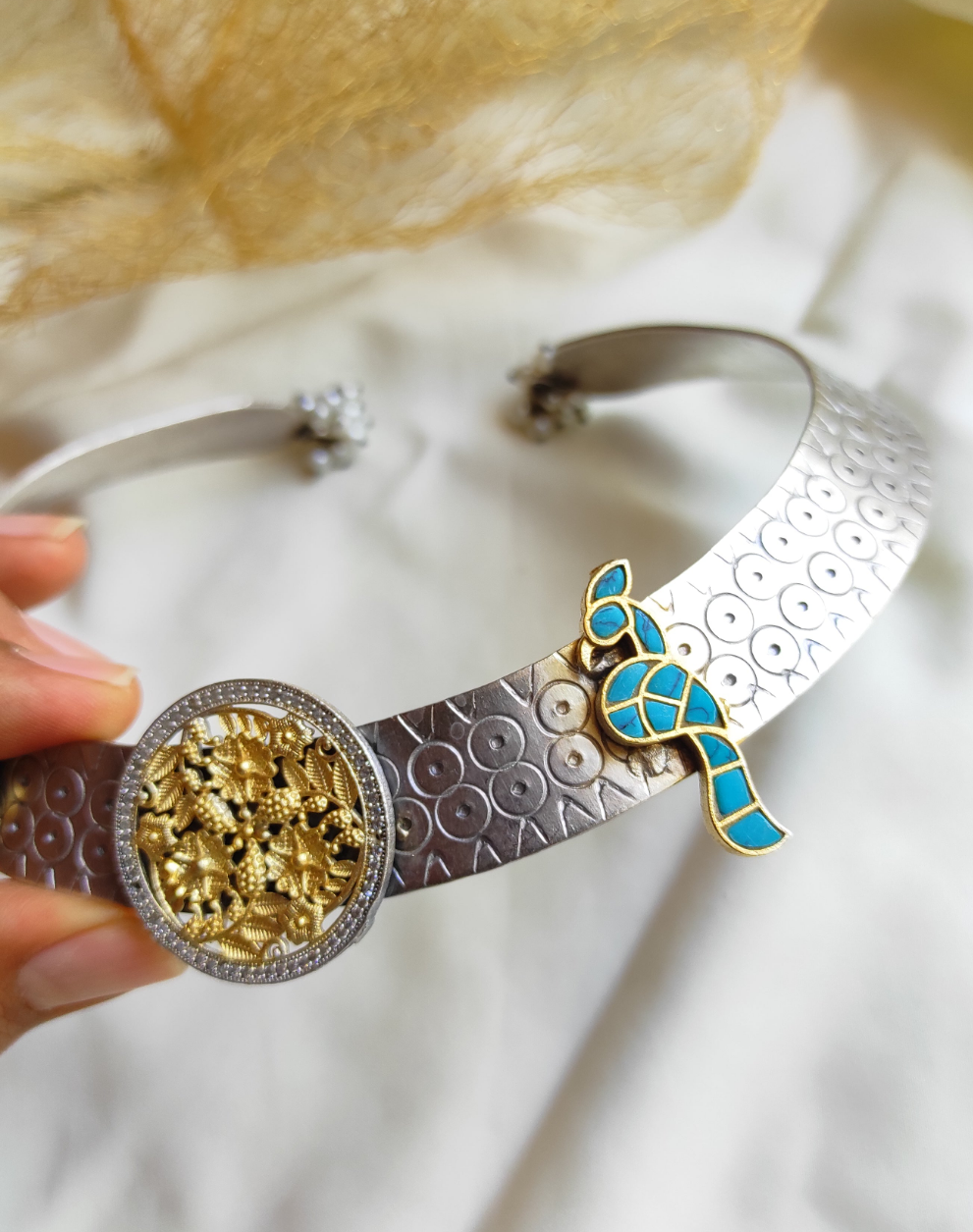 Peacock dual tone hasli necklace set