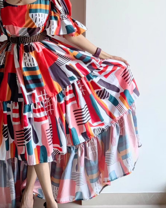 Abstract White High Low Dress