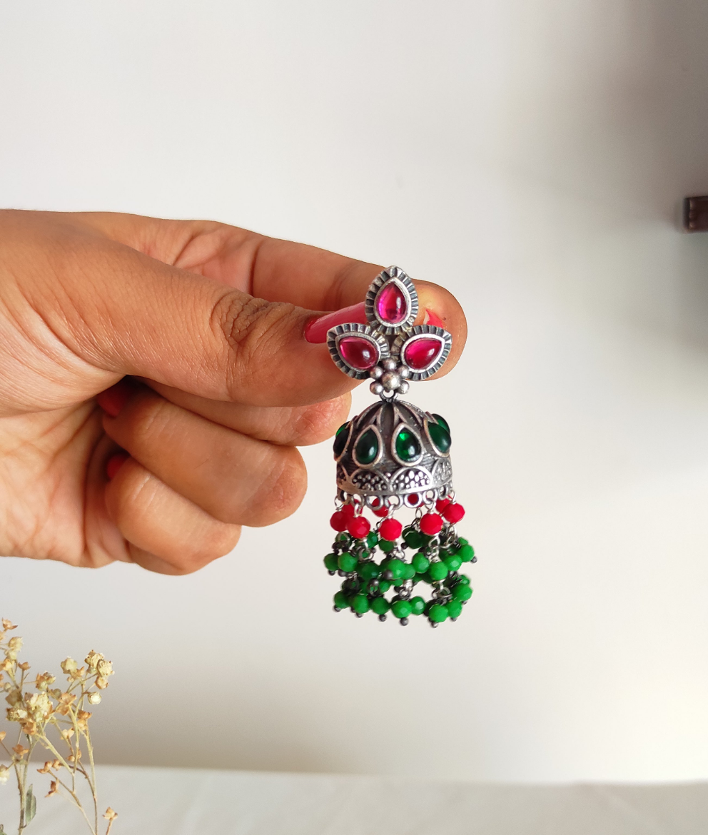 Green red beaded silver replica Jhumka