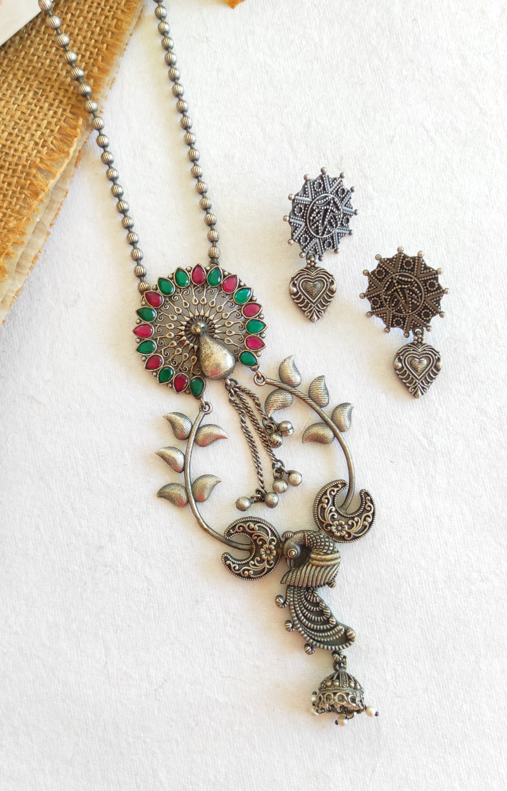 Peacock silver lookalike necklace set