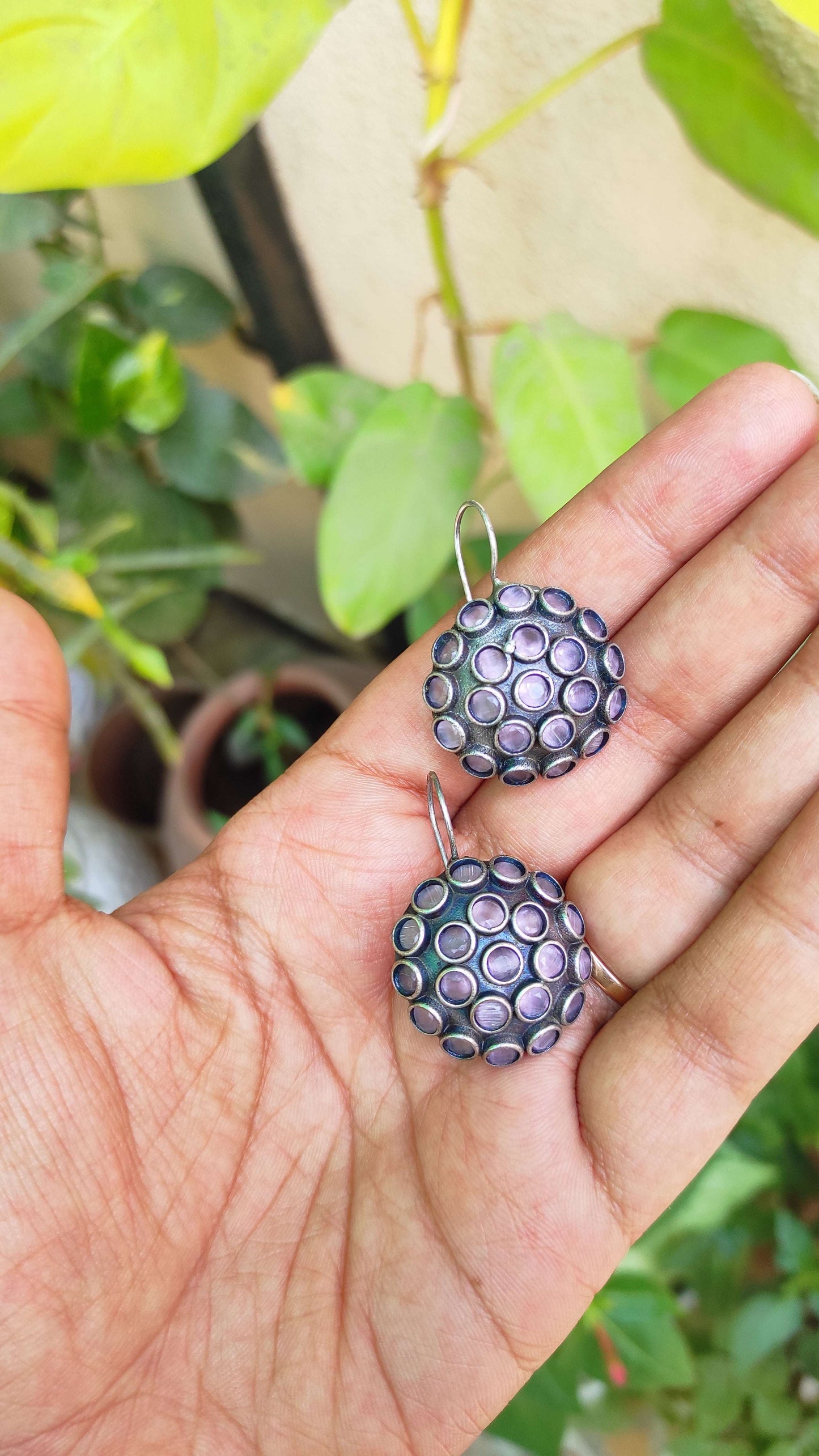Stone studded silver lookalike hook earrings
