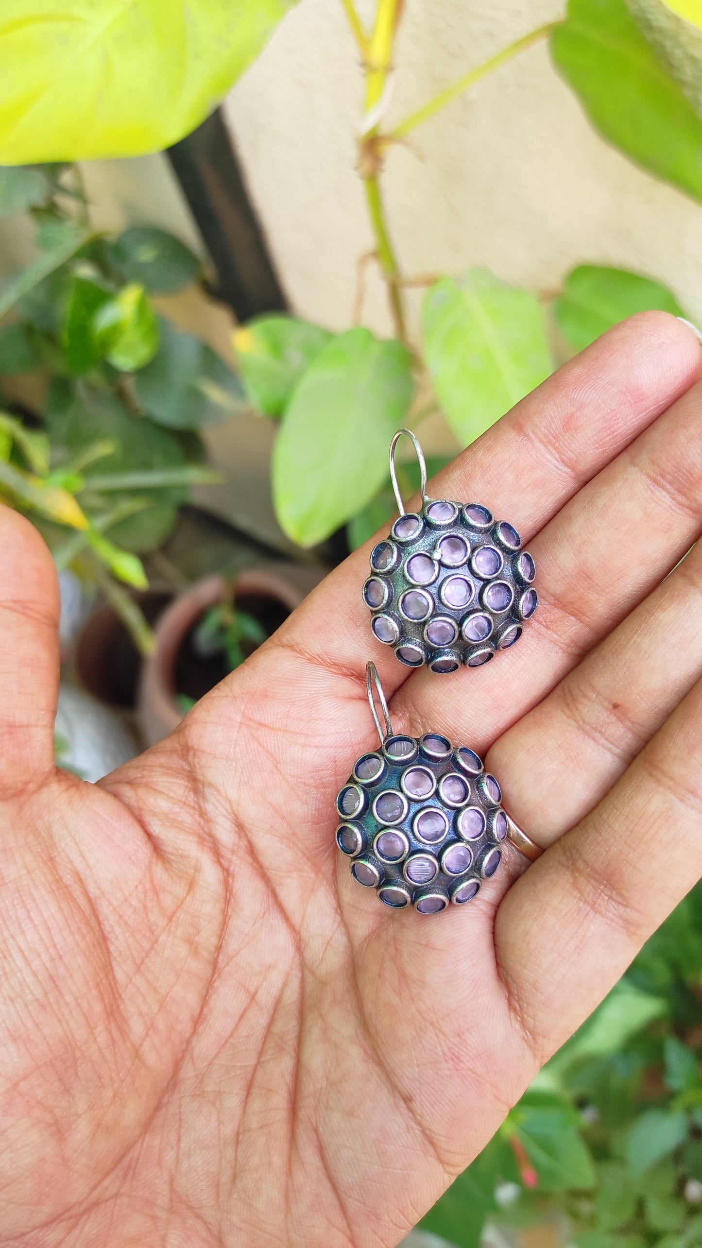 Stone studded silver lookalike hook earrings