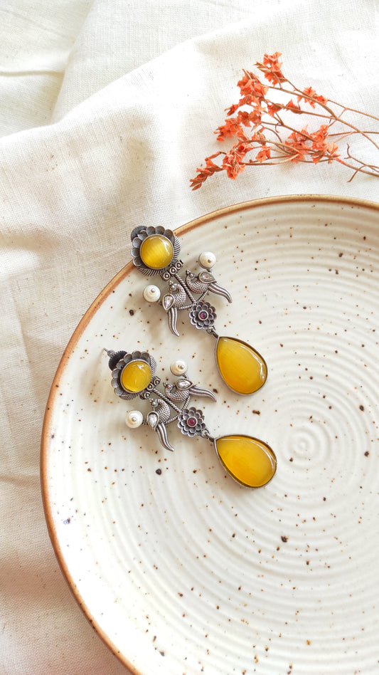 Peacock silver lookalike long earrings