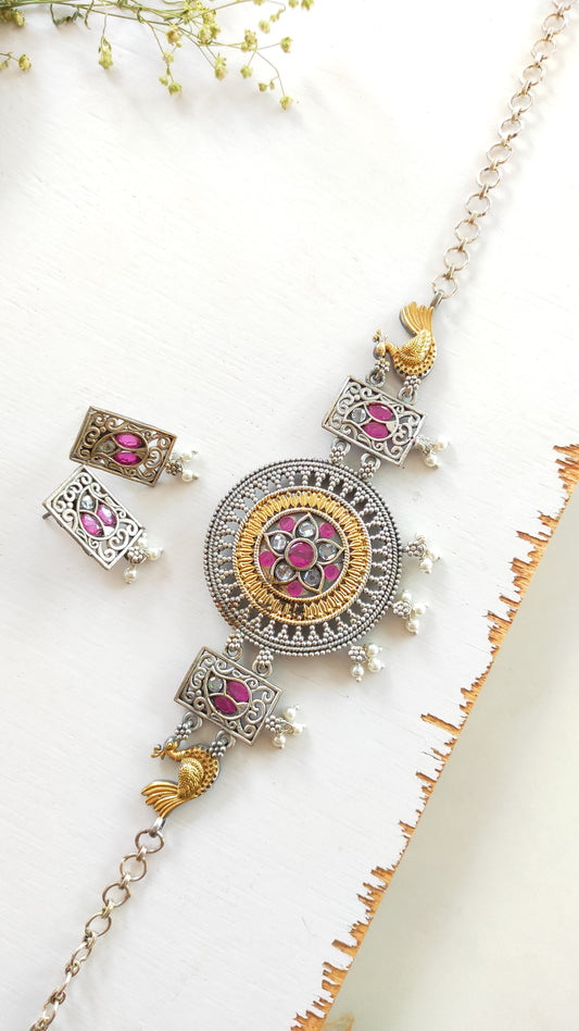 Bindu dual tone choker set in ruby