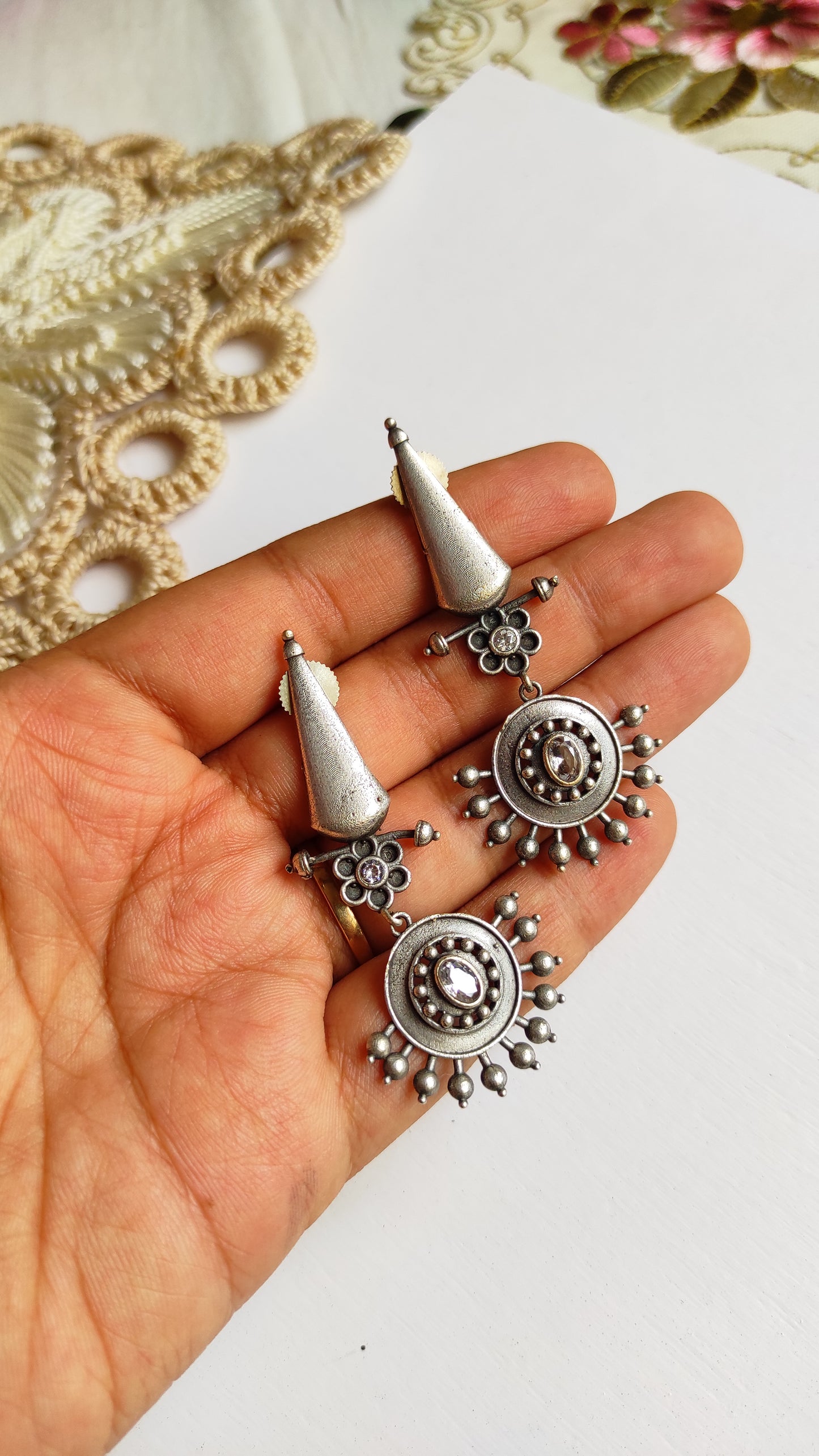 Chanda silver lookalike dangling earrings