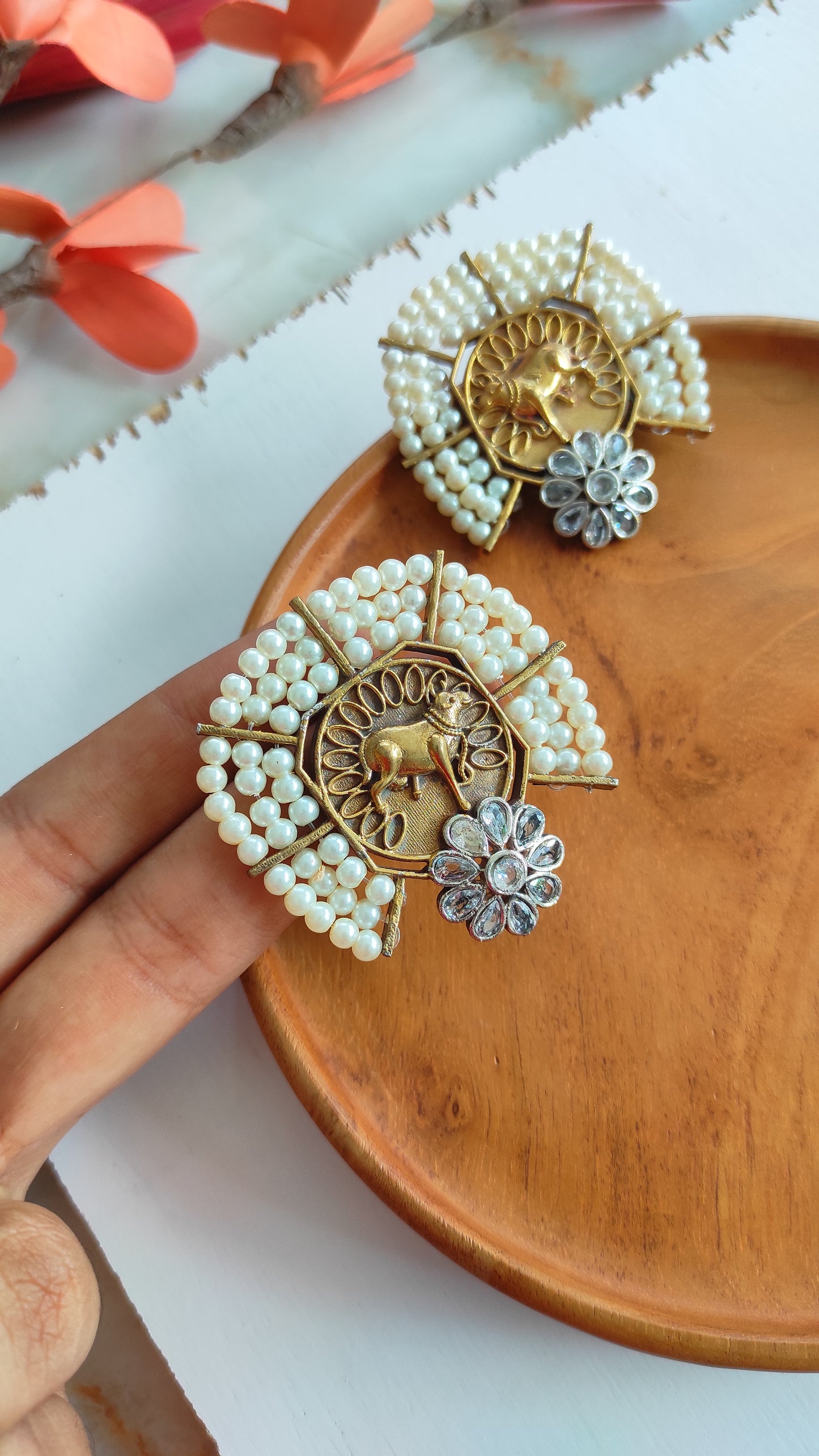 Nandi pearl antique goldtone studs earrings