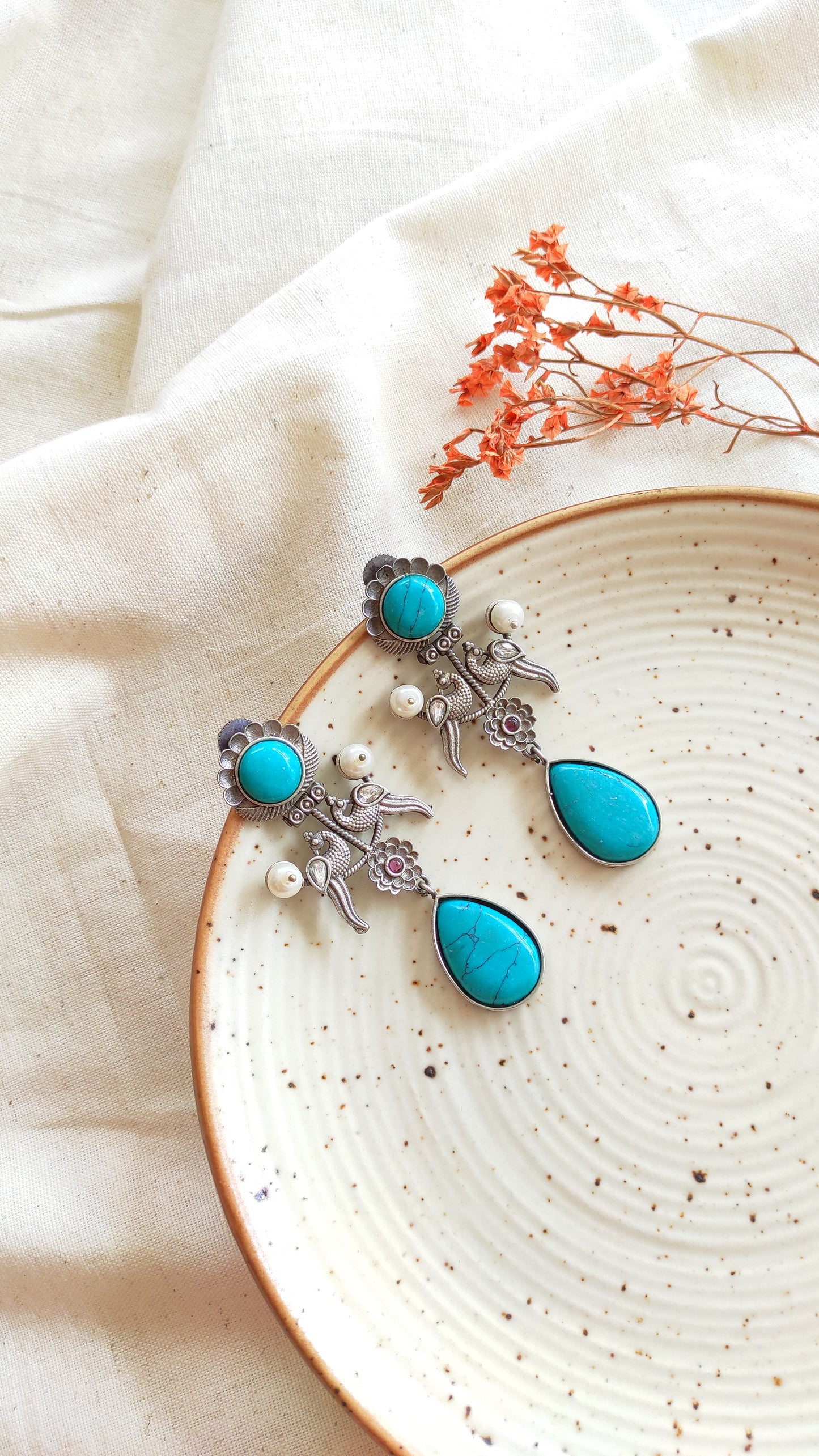 Peacock silver lookalike long earrings