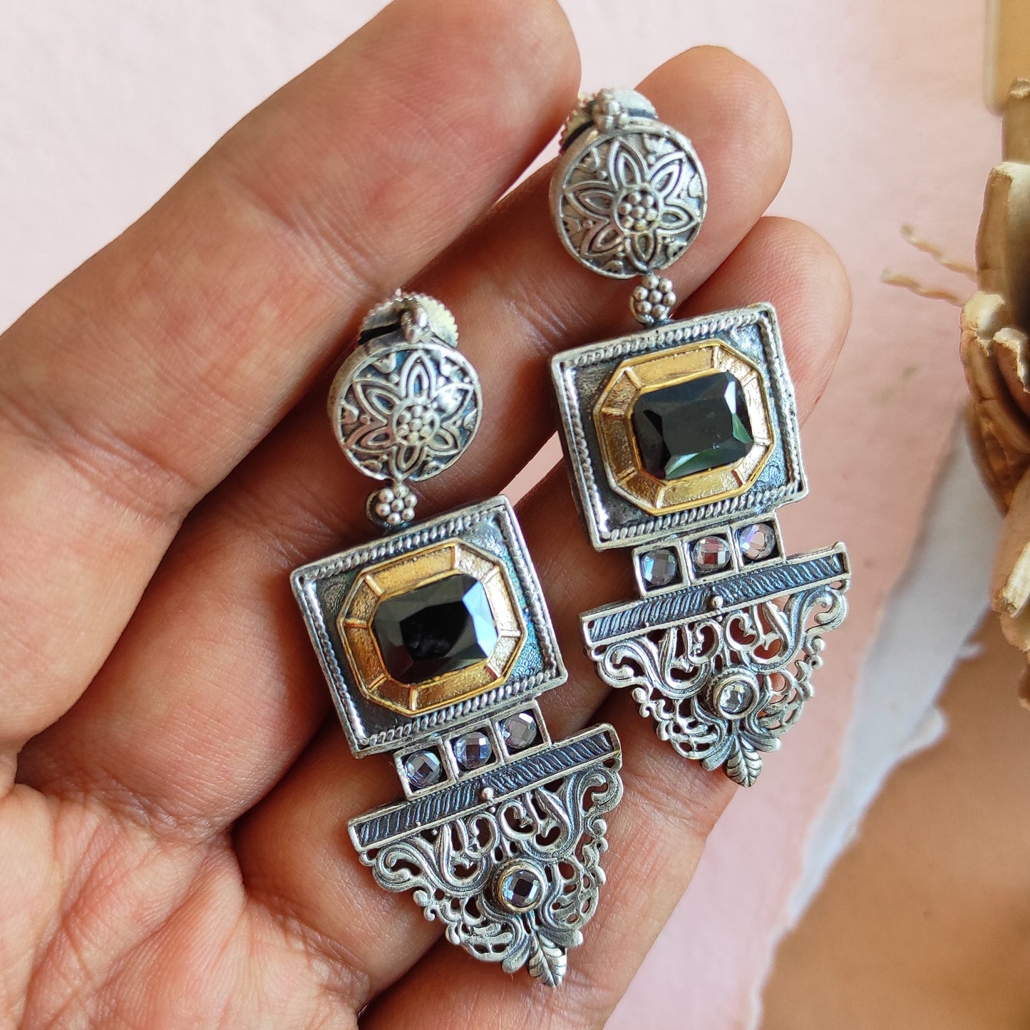 Tanu dualtone earrings with black stone