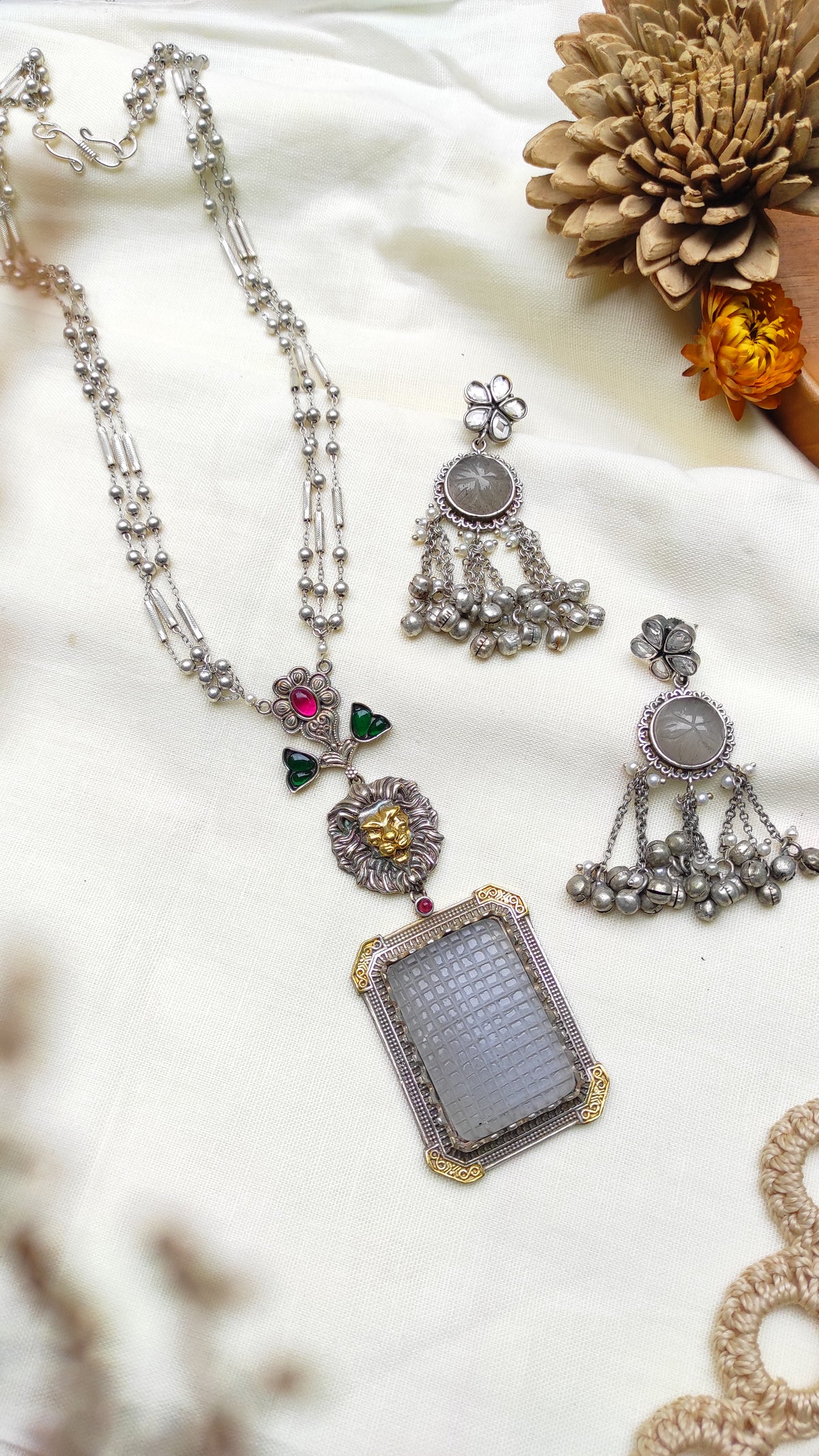 Veera long statement pendant with multi layer chain and earrings