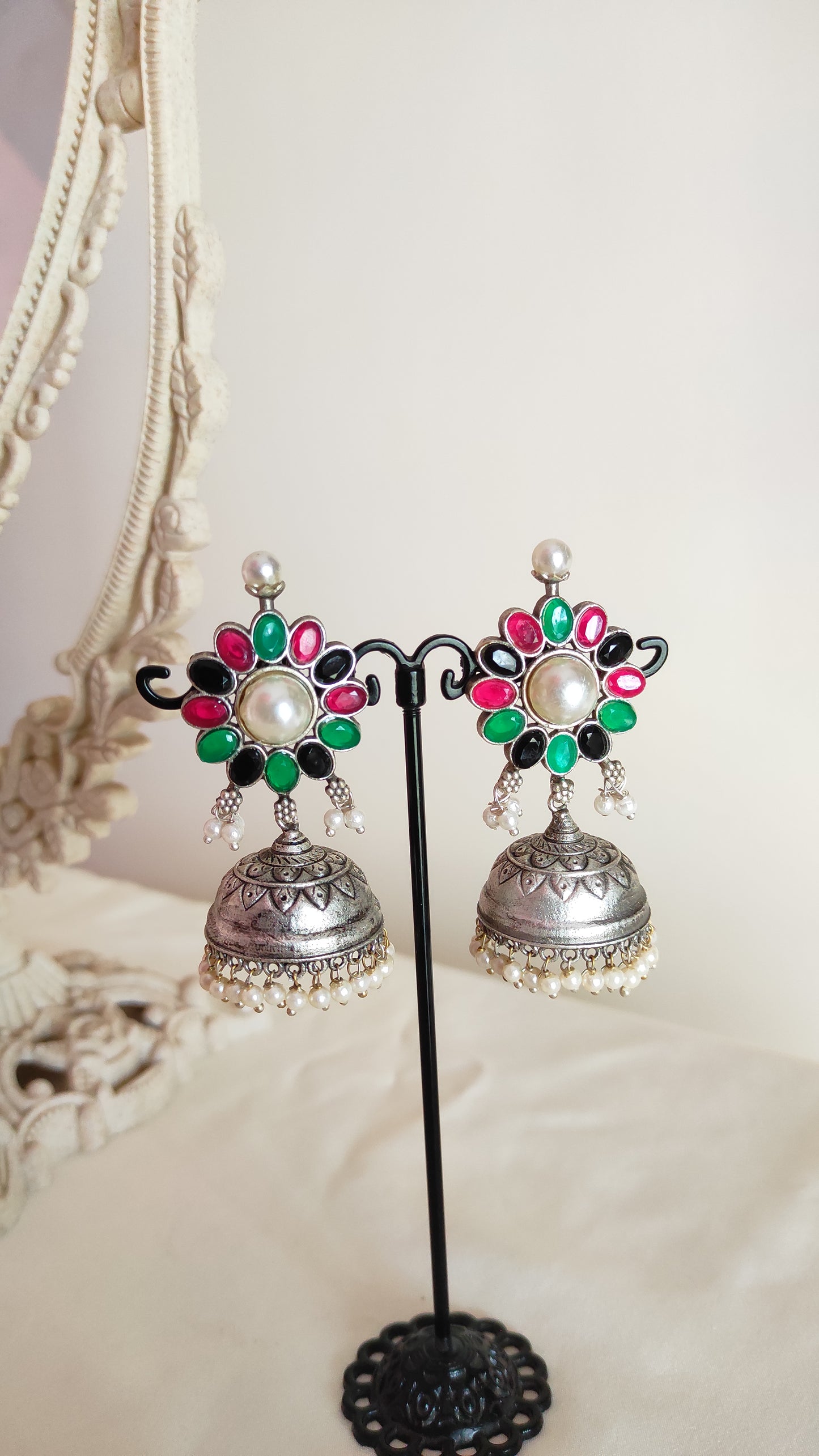 Colorful stones silver lookalike Jhumka