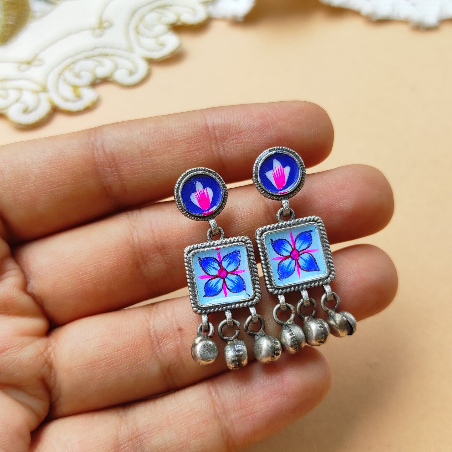 Meethi hand painted ghunghru silver replica earrings
