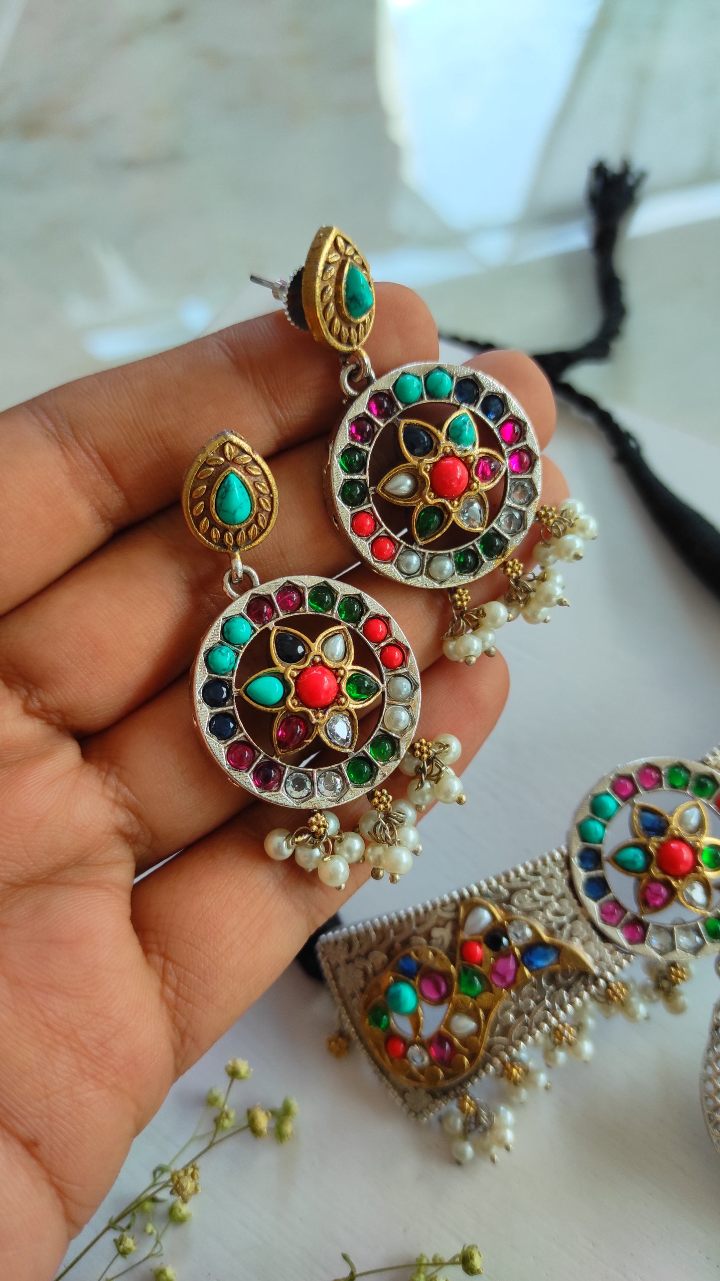 Pernia choker set in navratna colors