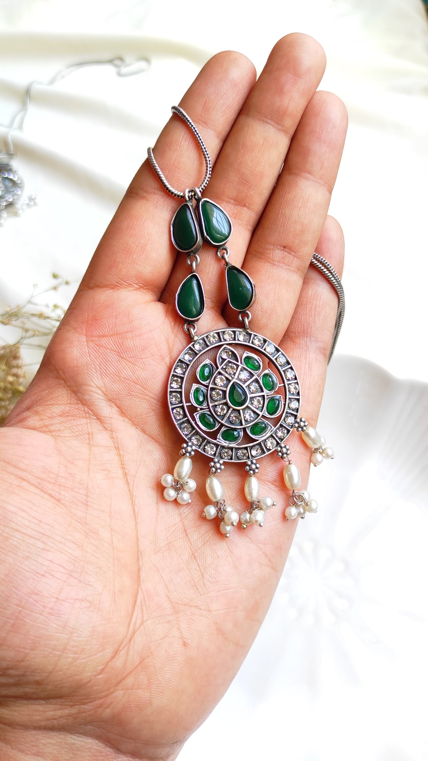Sumedha green stones long chain necklace set