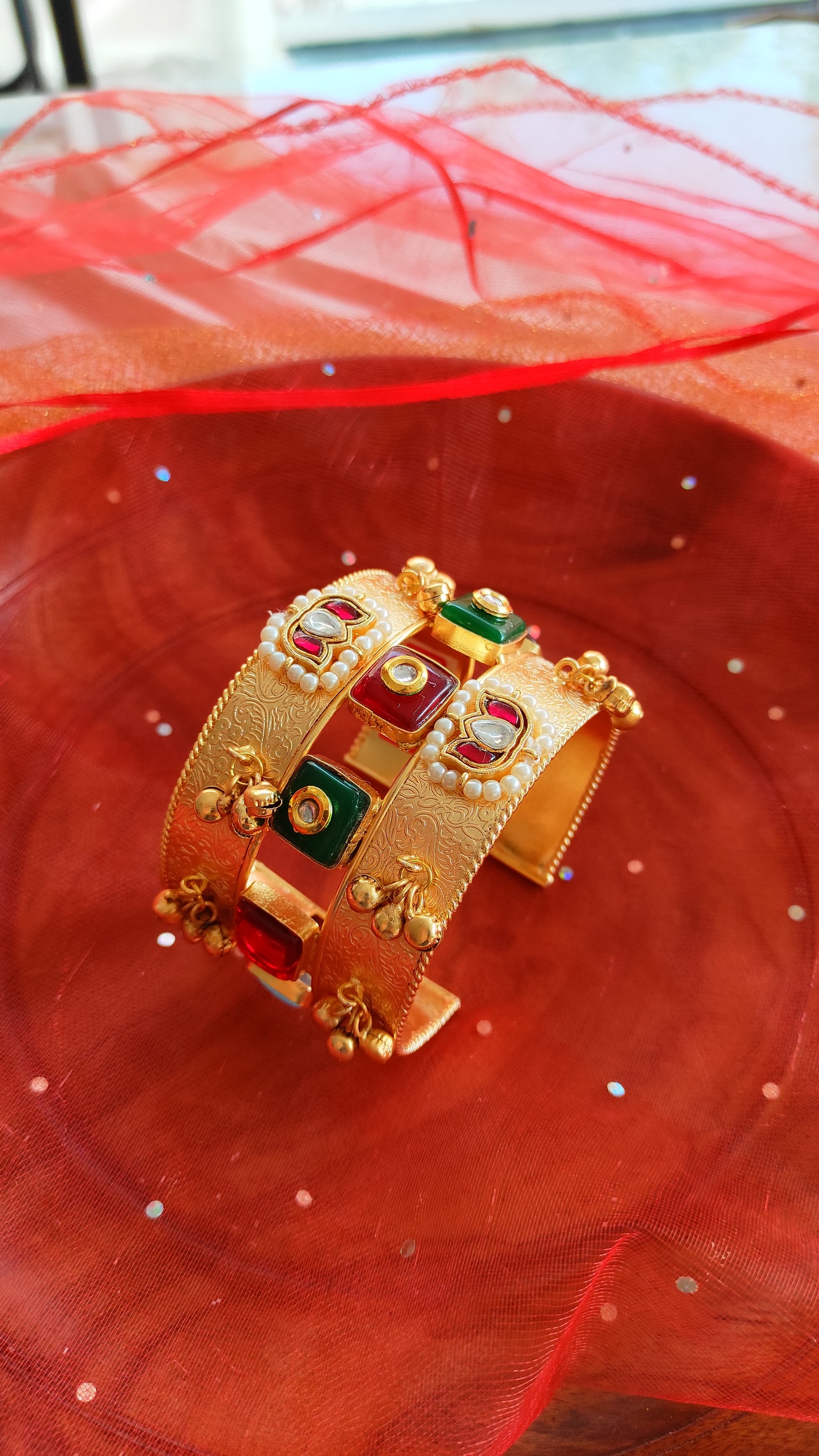 Pratigya kundan kada with ghunghru openable cuff bracelet