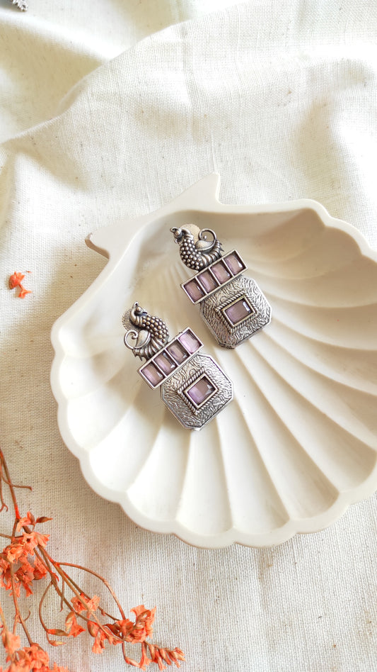 Square peacock silver lookalike studs earrings