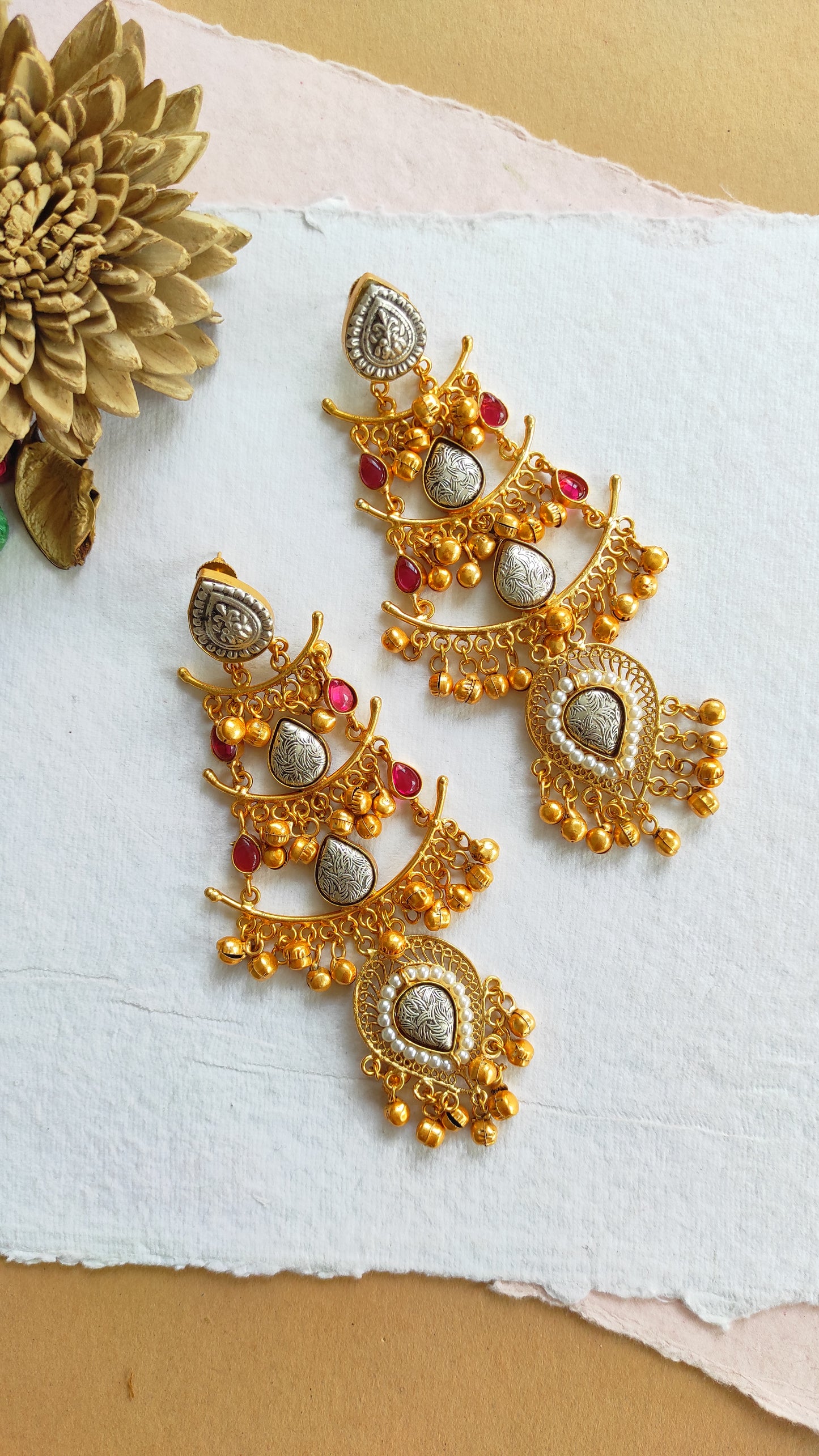 Chenab dualtone long kashmiri earrings with ghunghru