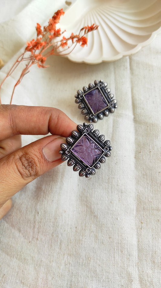 Purple square antique silver studs earrings