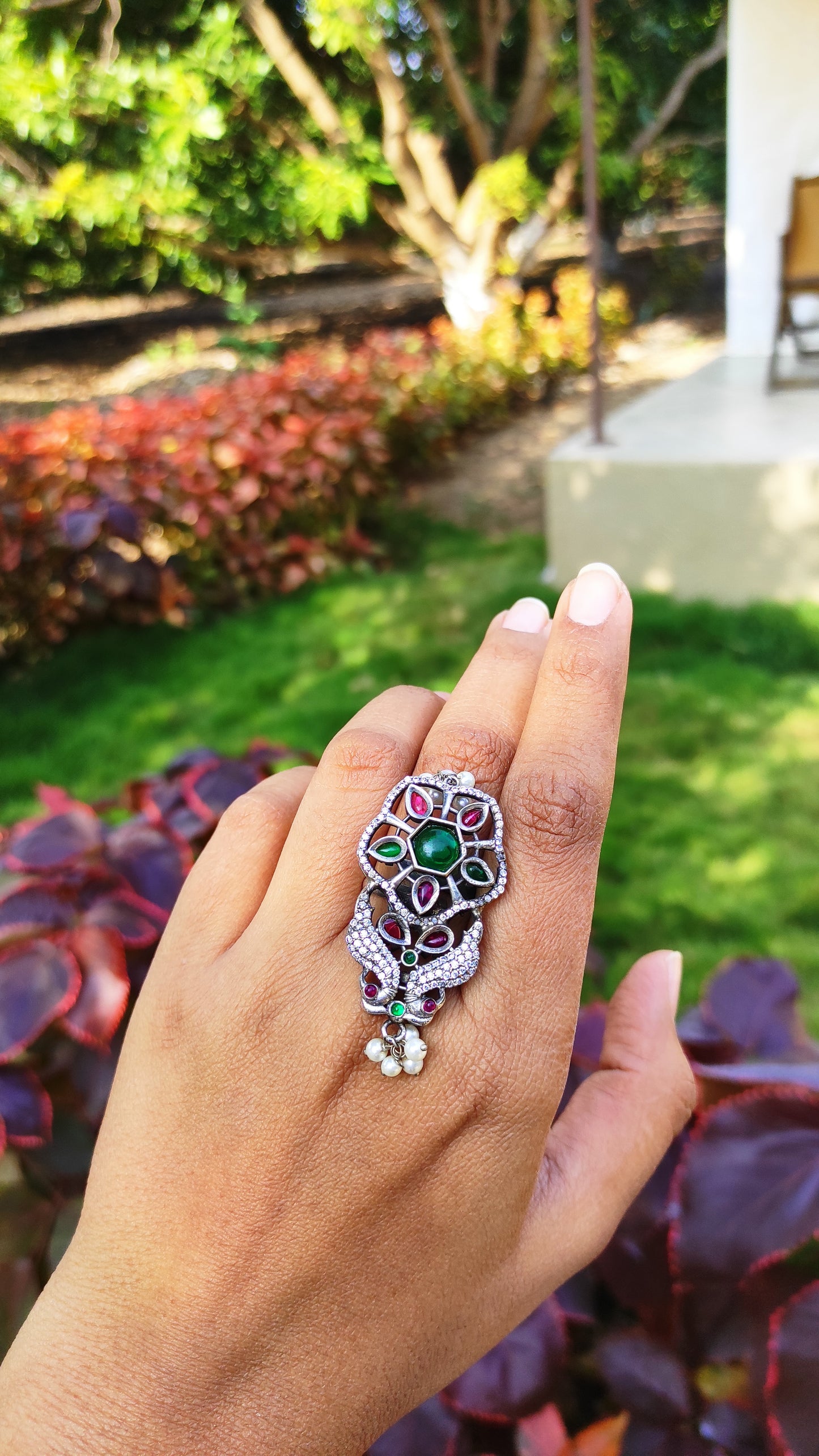 Twin peacock floral ring