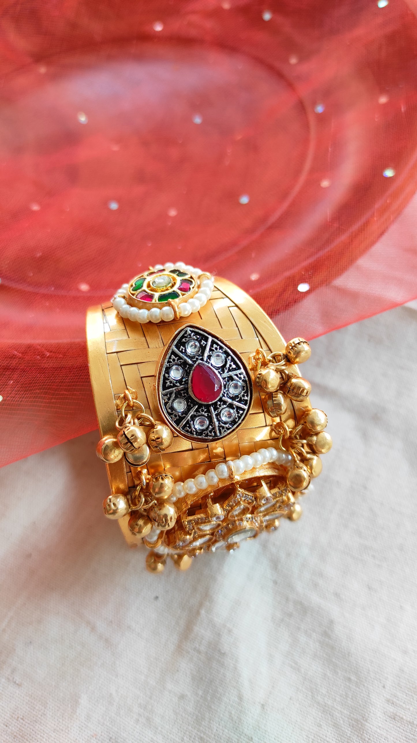 Rajsee kundan kada with ghunghru cuff bracelet