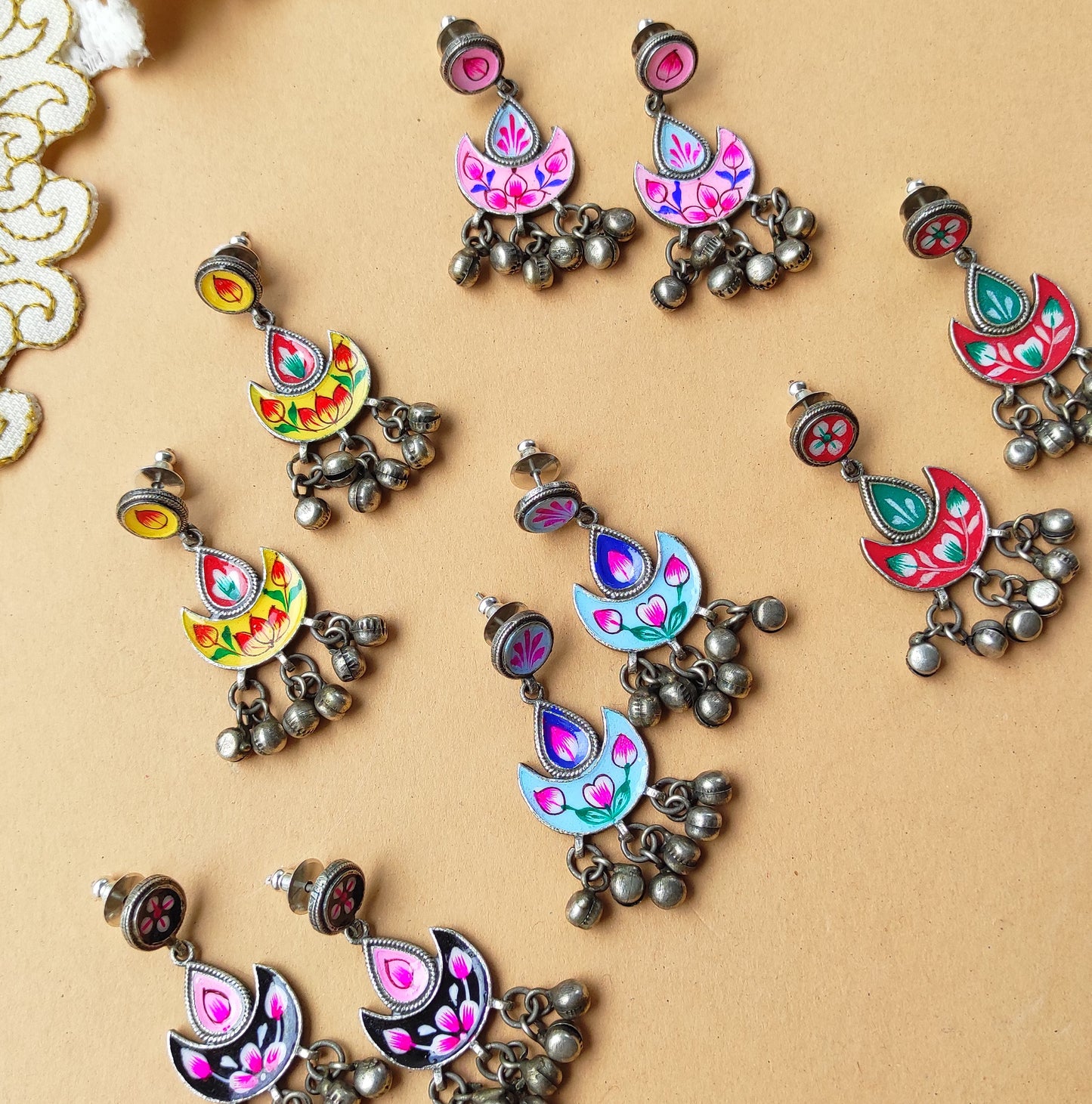 Jhilmil hand painted ghunghru silver replica earrings
