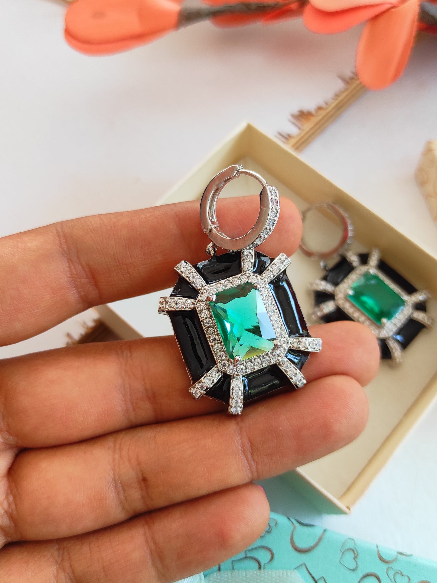 Emerald AD silver plated cocktail earrings