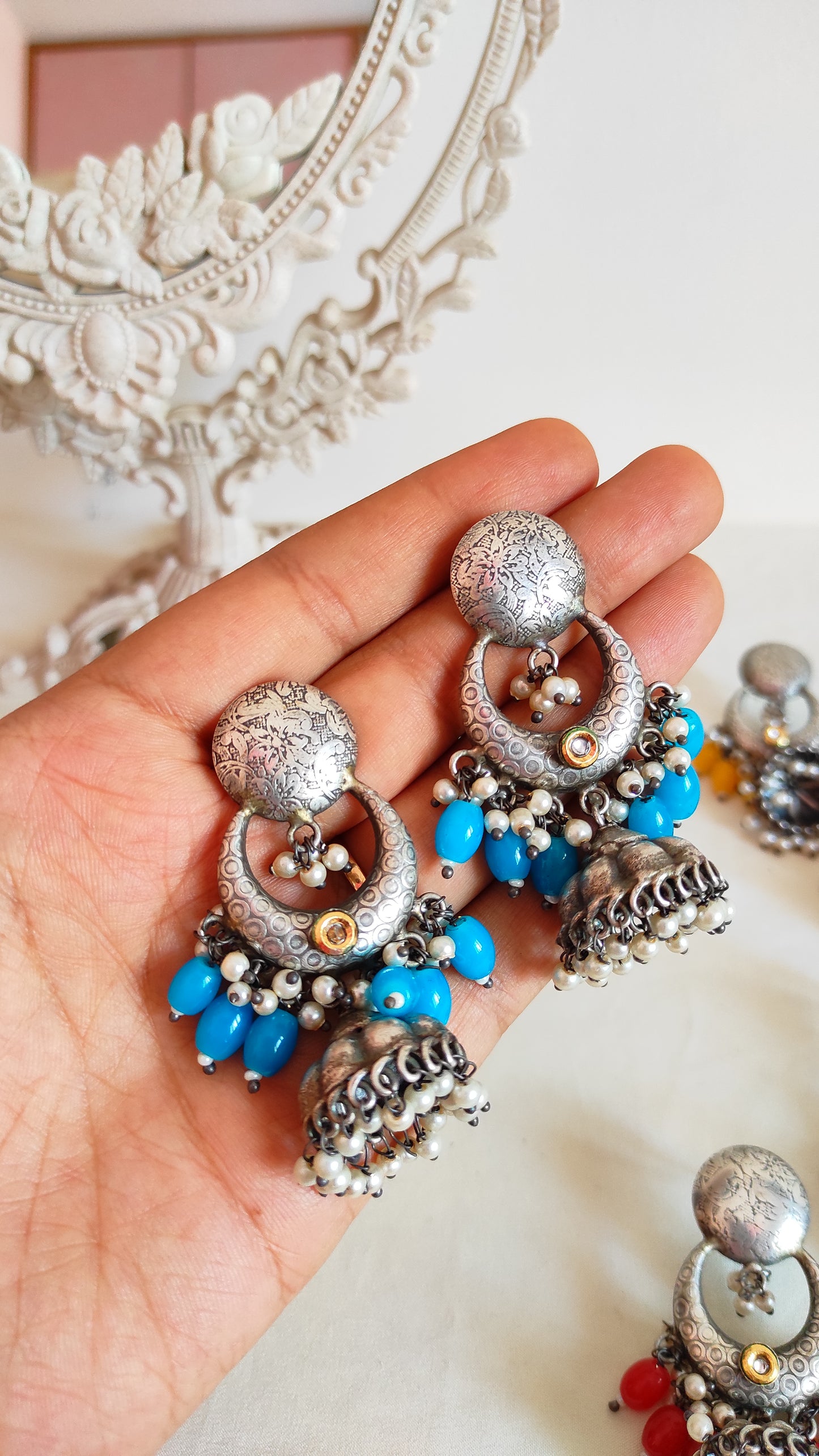 Blue beaded silver lookalike jhumka