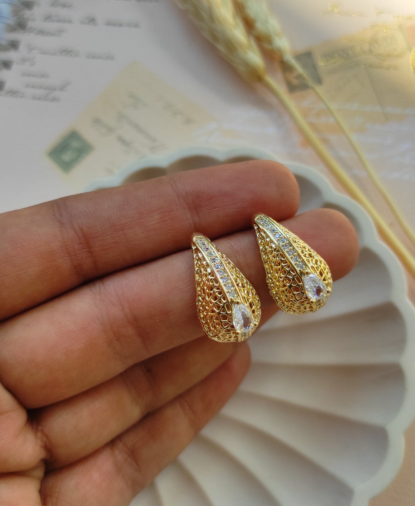 Korean Golden mesh zirconia earrings