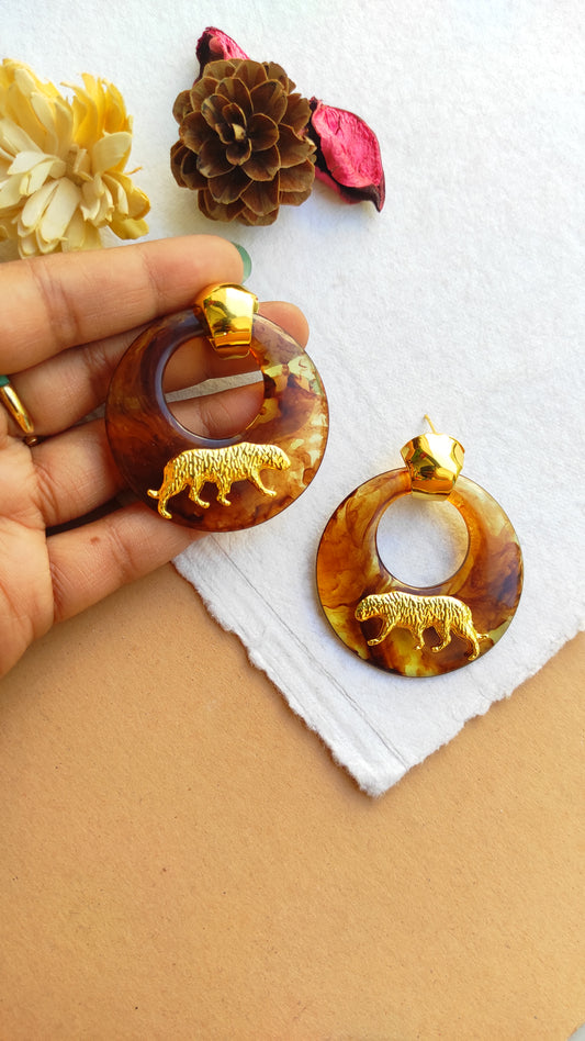 Quirky Brown Golden Jaguar Earrings