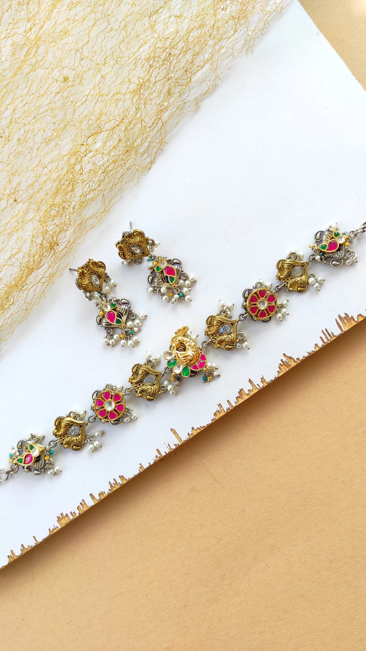 Brij pachi kundan dual tone necklace