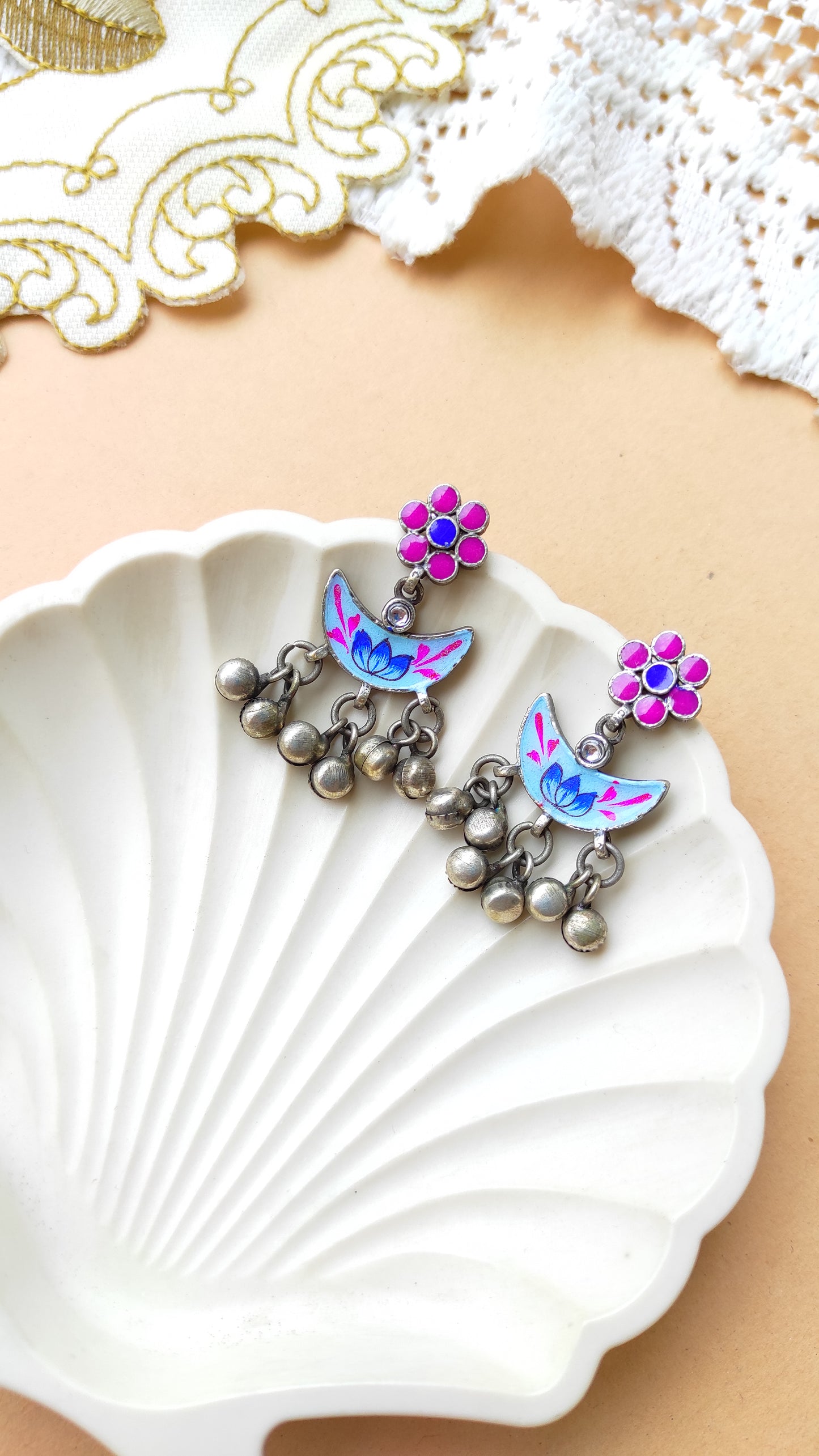 Kaira hand painted ghunghru silver replica earrings