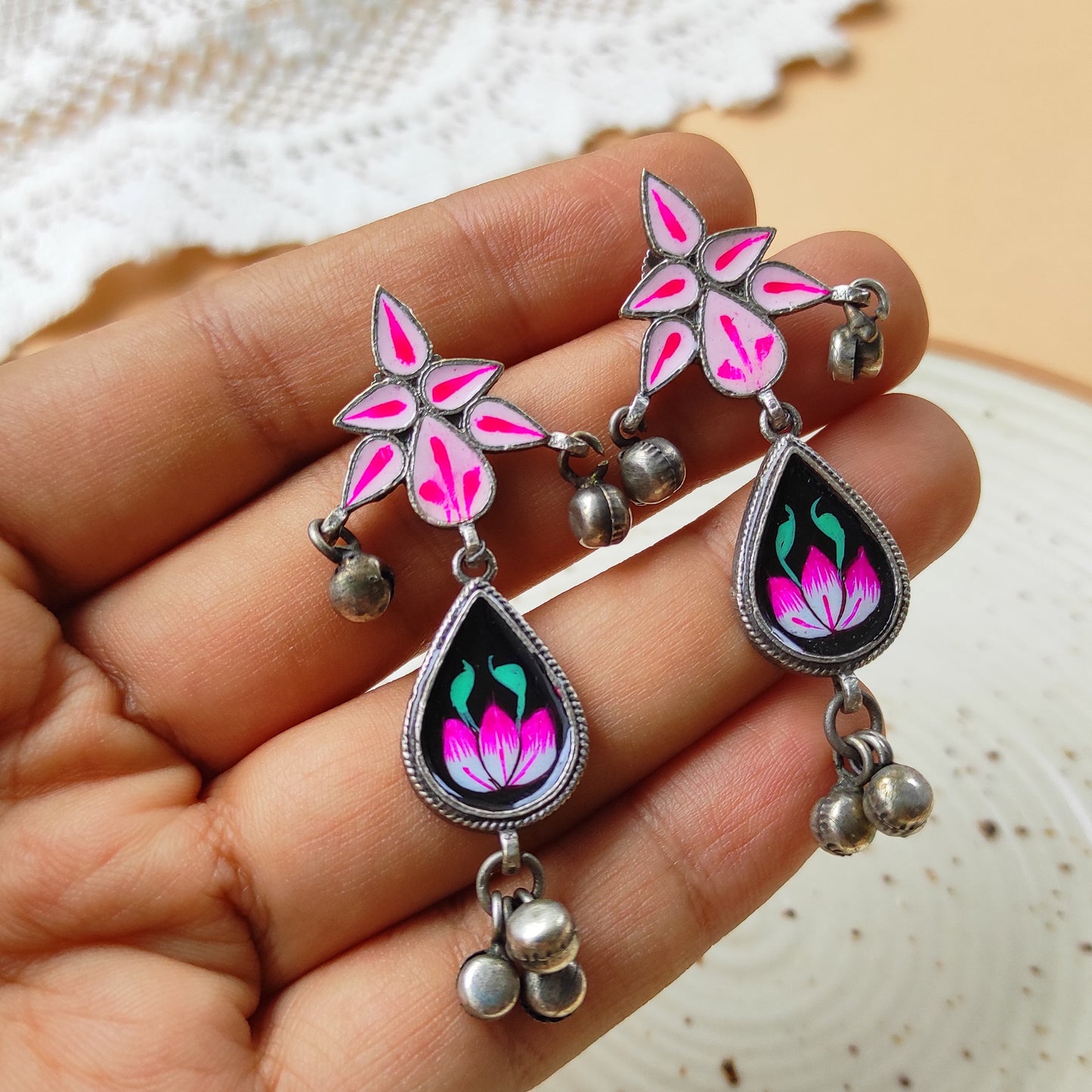 Naira hand painted ghunghru silver replica earrings