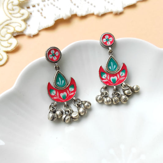 Jhilmil hand painted ghunghru silver replica earrings