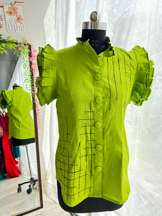 Broken Checkers Embroidered Green Shirt