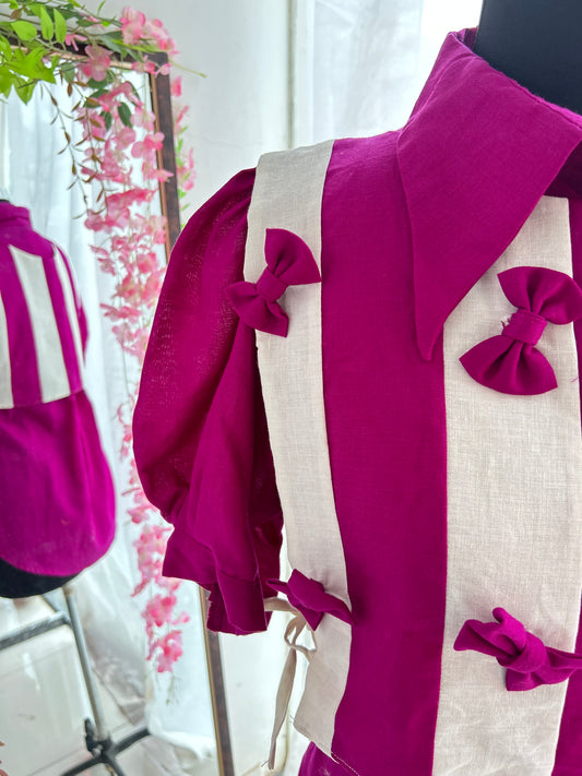 Purple Panelled Bow Vest Shirt Set