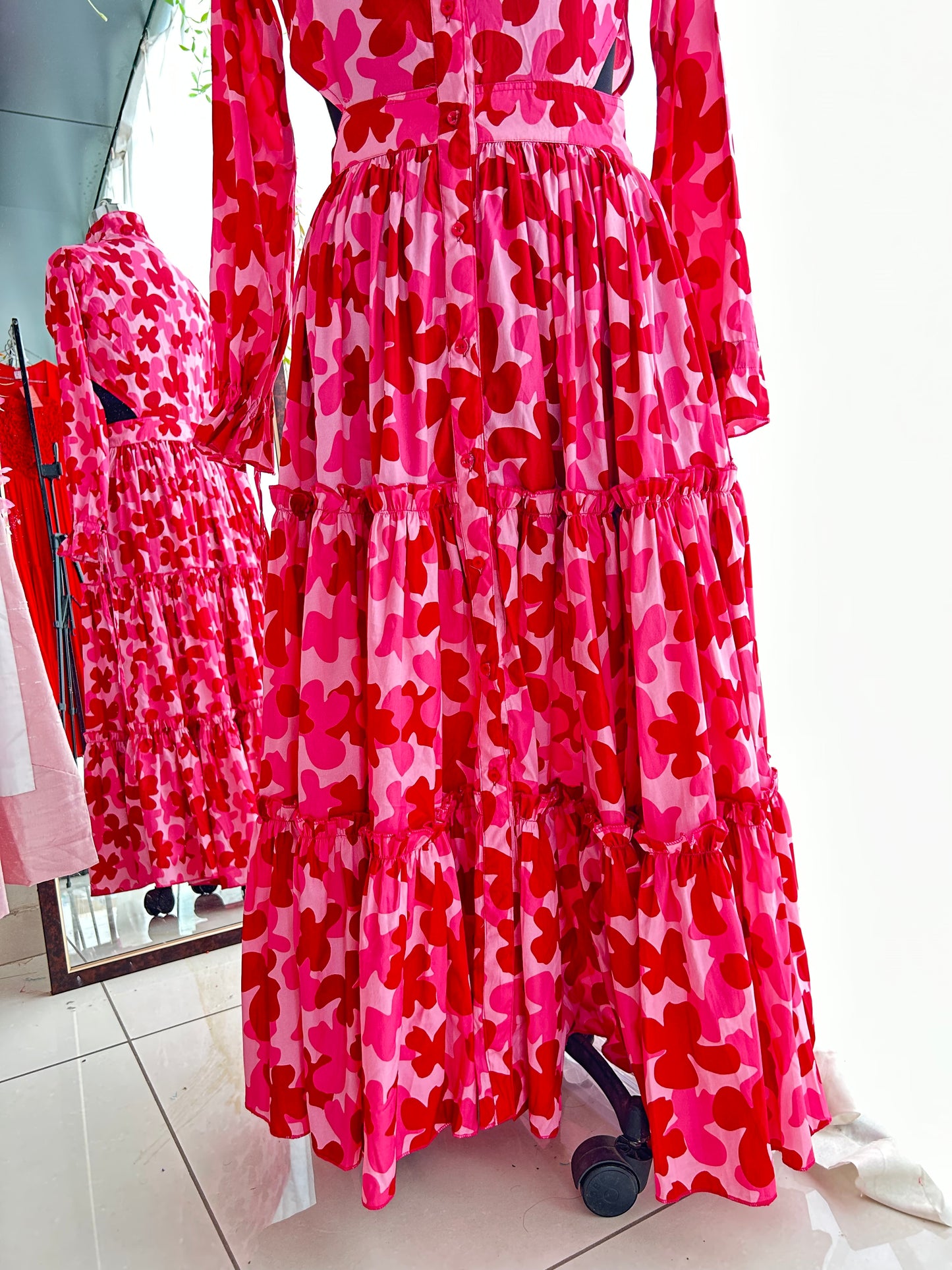 Pink Maroon Floral Shirt Dress