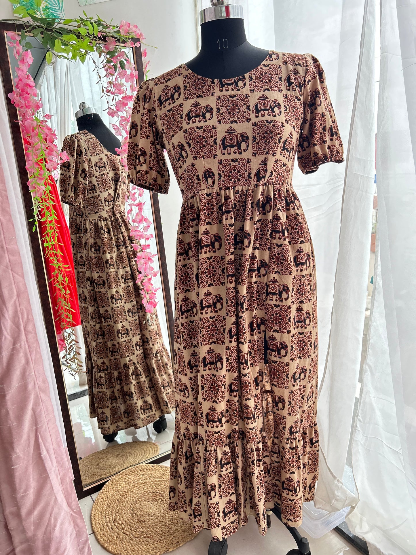 Hathi Motif Hand Blocked Slit Dress