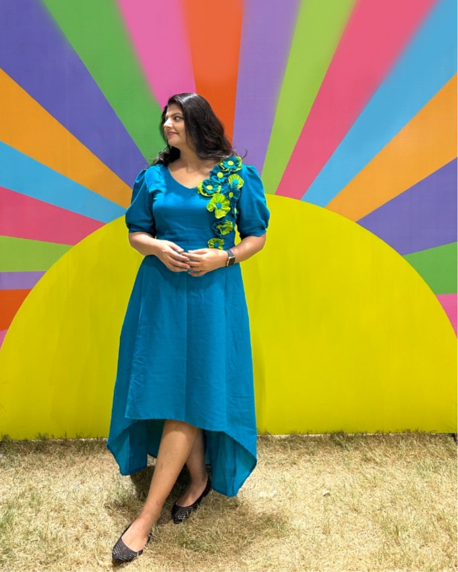 3D Floral Shreya Teal Blue High Low Dress