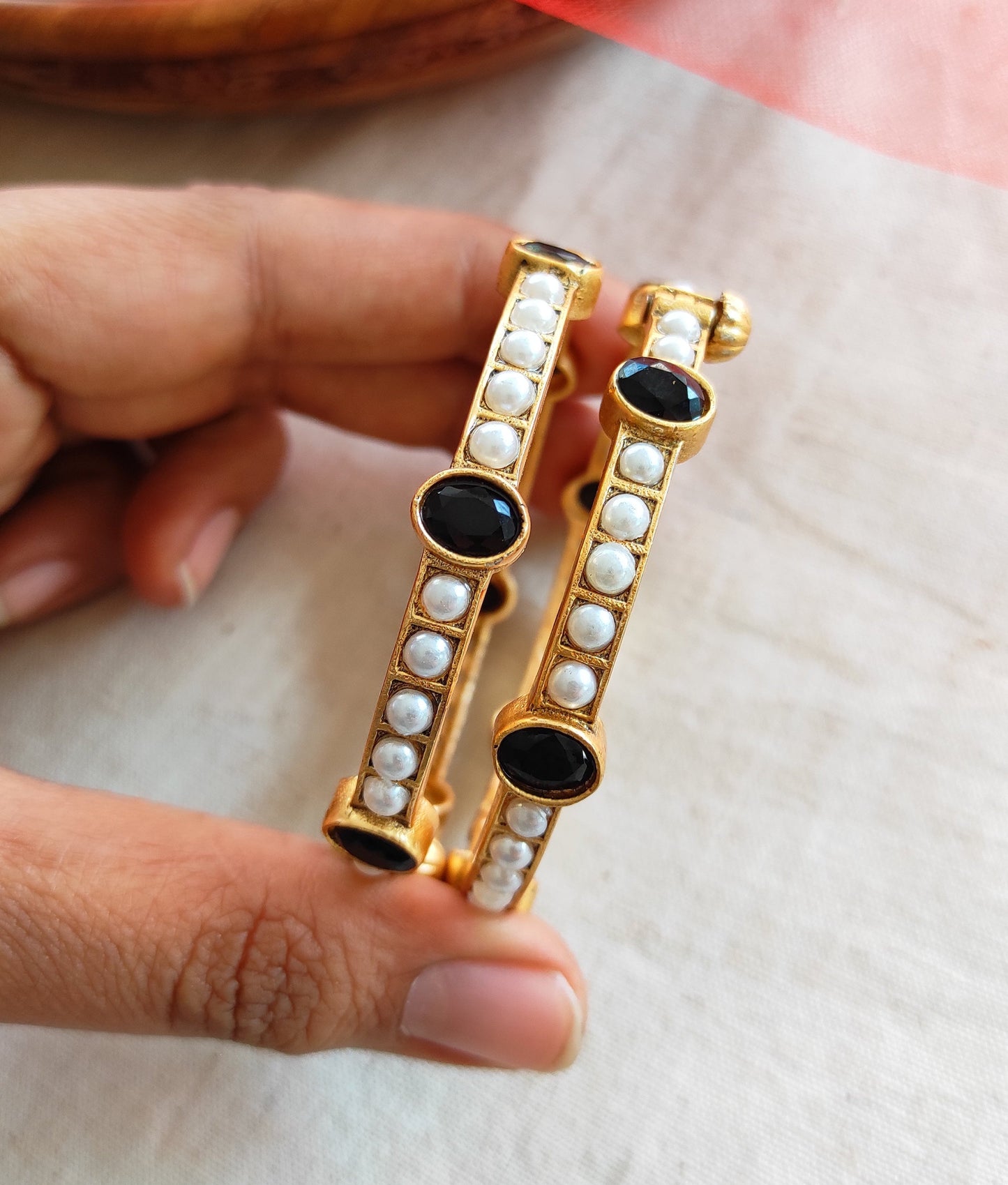 Antique gold bangles in black stone and pearls with screw opening