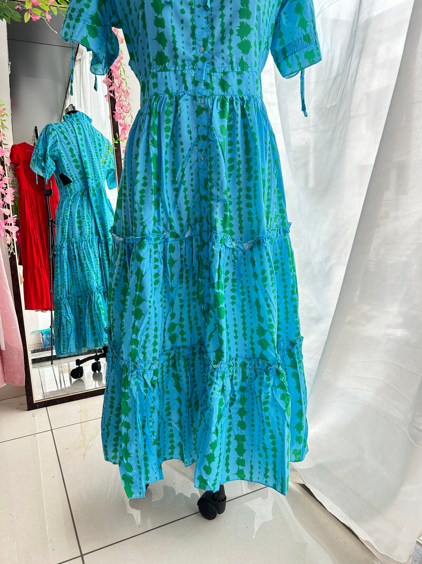 Blue Green Tie Dye Print Shirt Dress