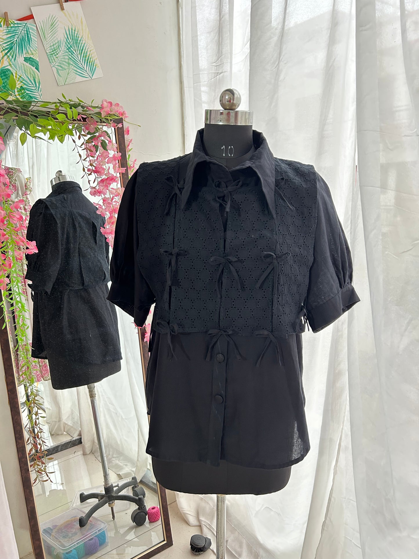 Daisy Black Schiffli Bow vested Shirt Set