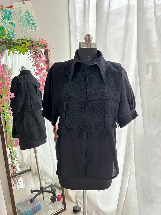Daisy Black Schiffli Bow vested Shirt Set