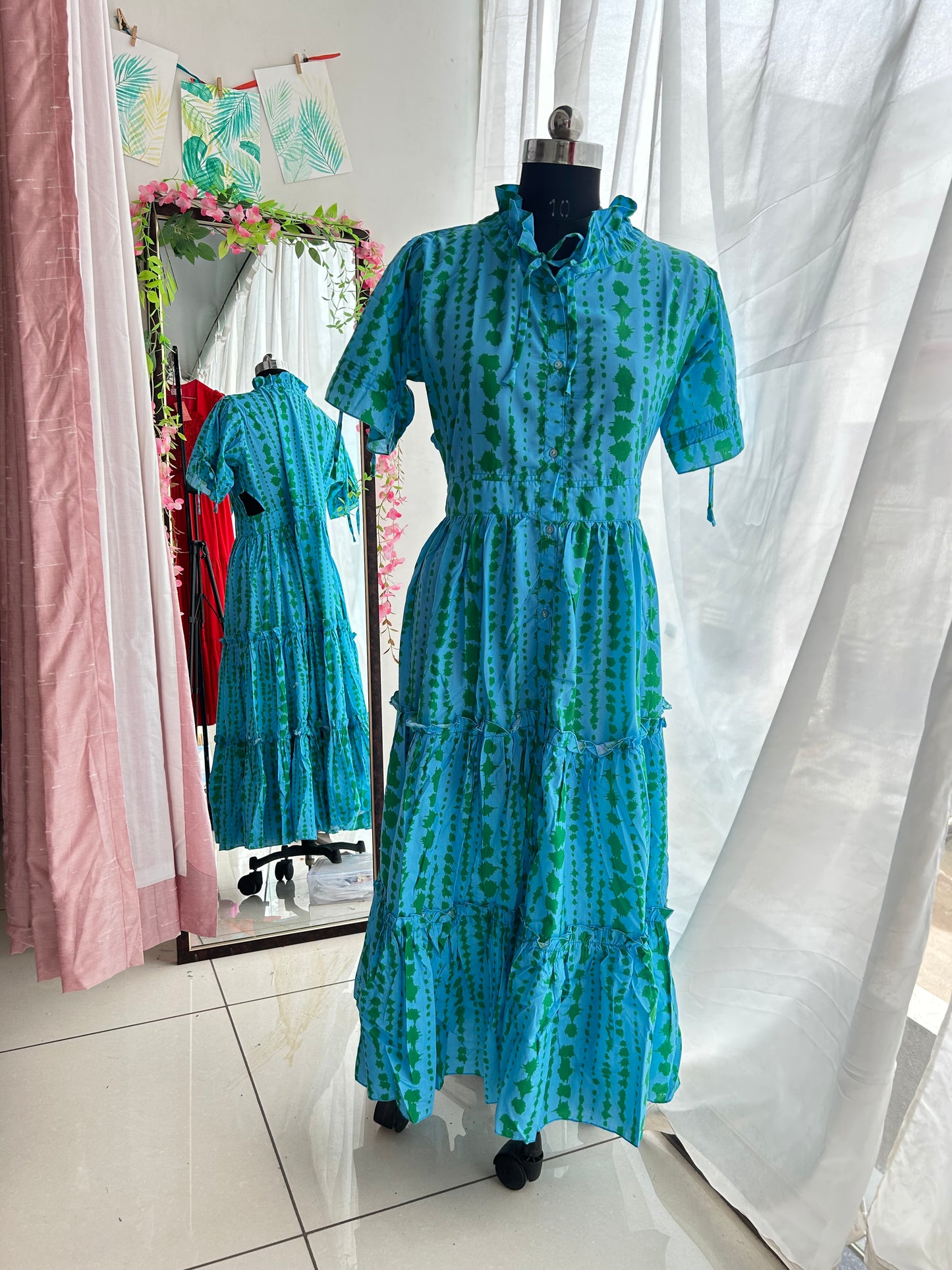 Blue Green Tie Dye Print Shirt Dress
