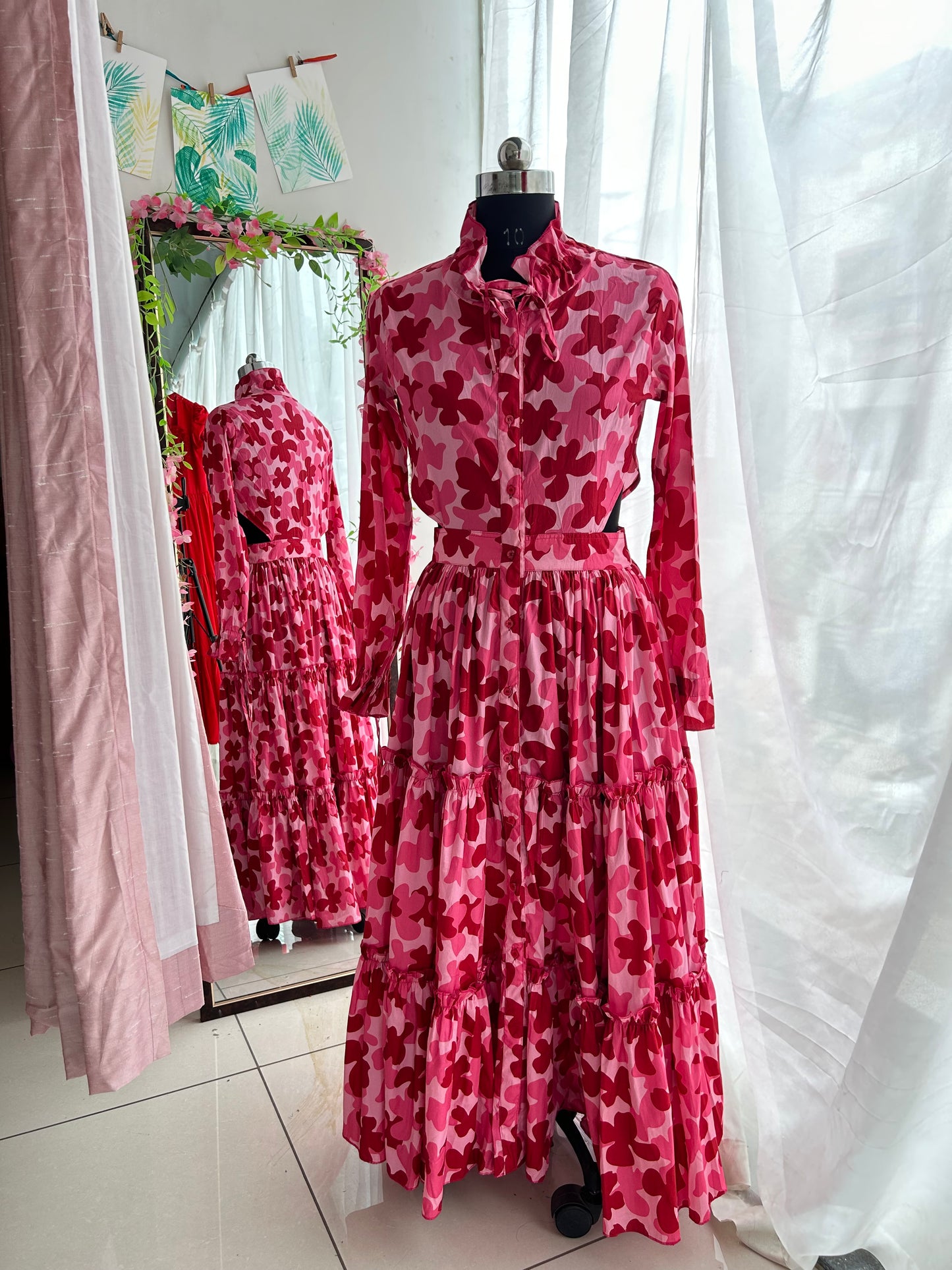 Pink Maroon Floral Shirt Dress