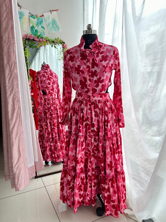 Pink Maroon Floral Shirt Dress