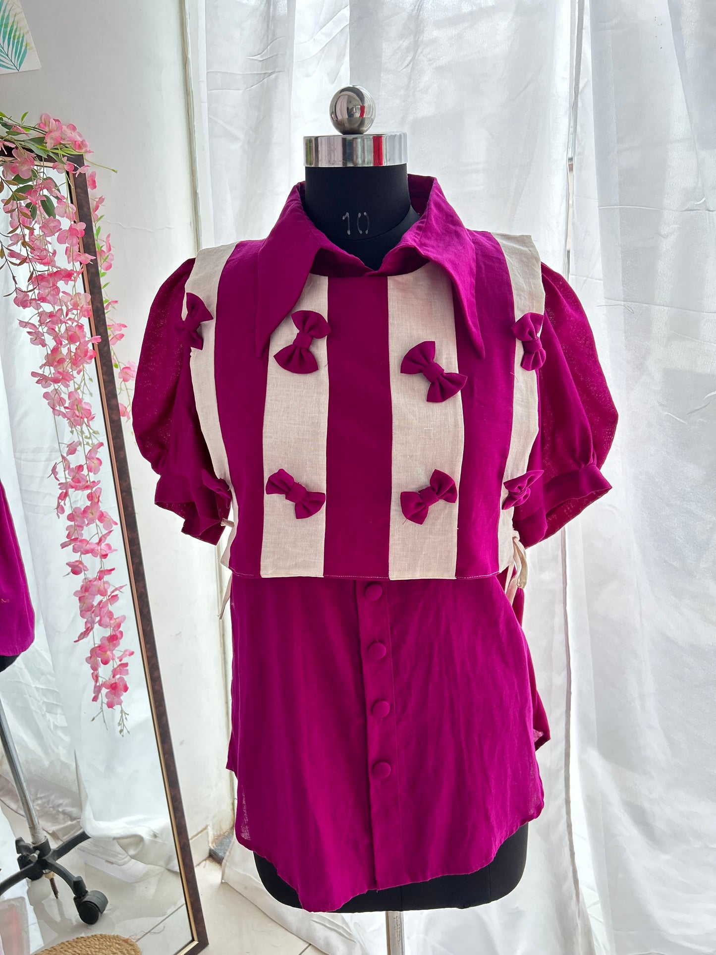 Purple Panelled Bow Vest Shirt Set