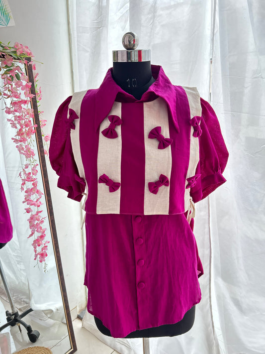 Purple Panelled Bow Vest Shirt Set
