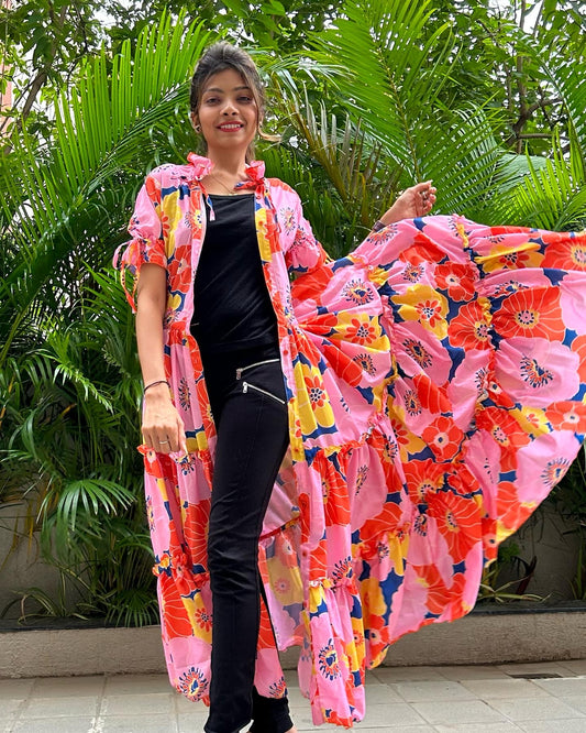 Pink Abstract Floral Shirt Dress